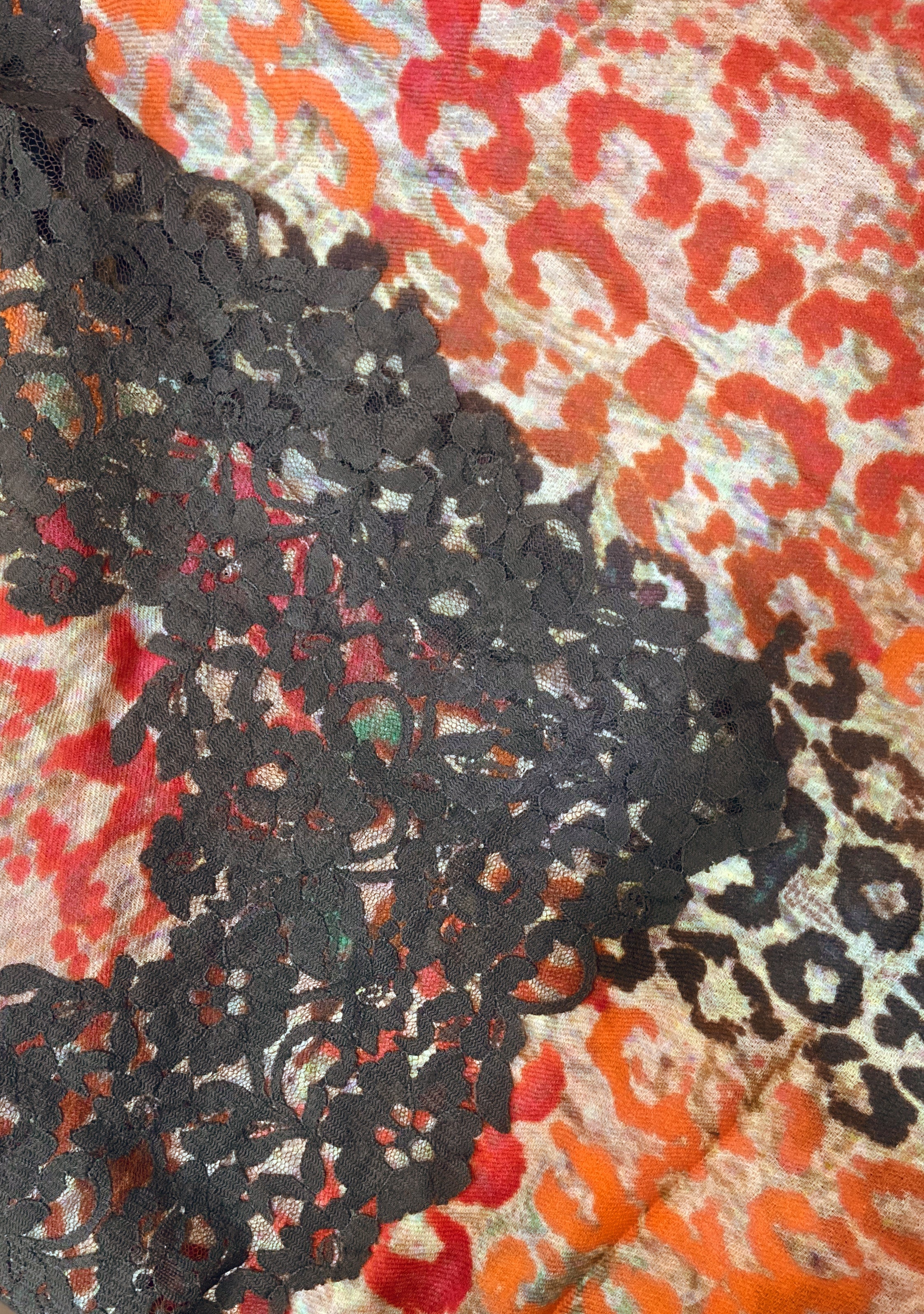 Multi Red Leopard Print Wool and Silk Scarf with a Grey Floral Lace Border