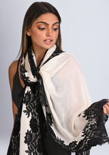 Ivory Silk And Wool Scarf with a Black 
 Floral Lace Border