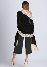 Black Silk And Wool Scarf with a Beige 
 Floral Lace Border