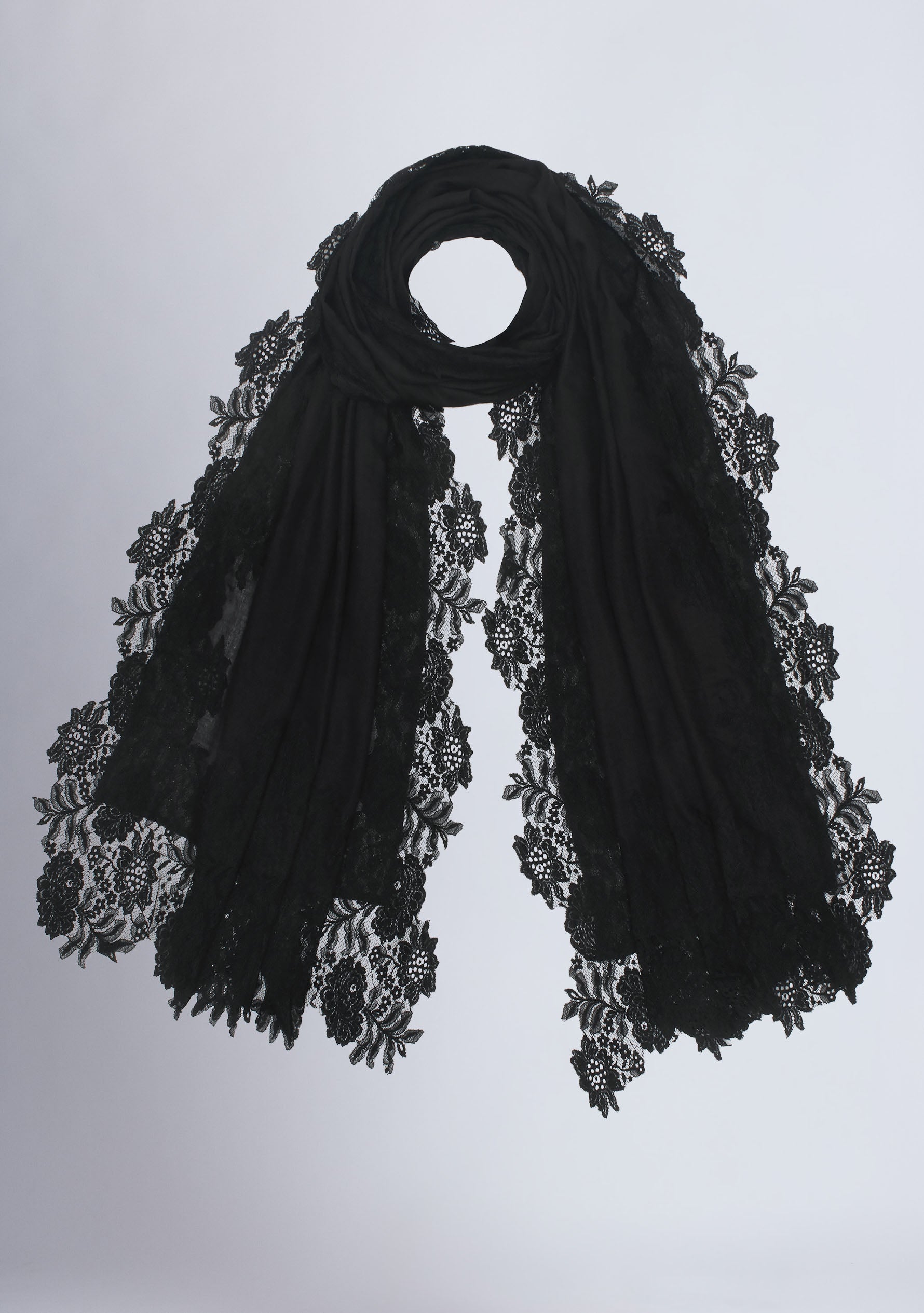 Black Silk And Wool Scarf with a Black 
 Floral Lace Border