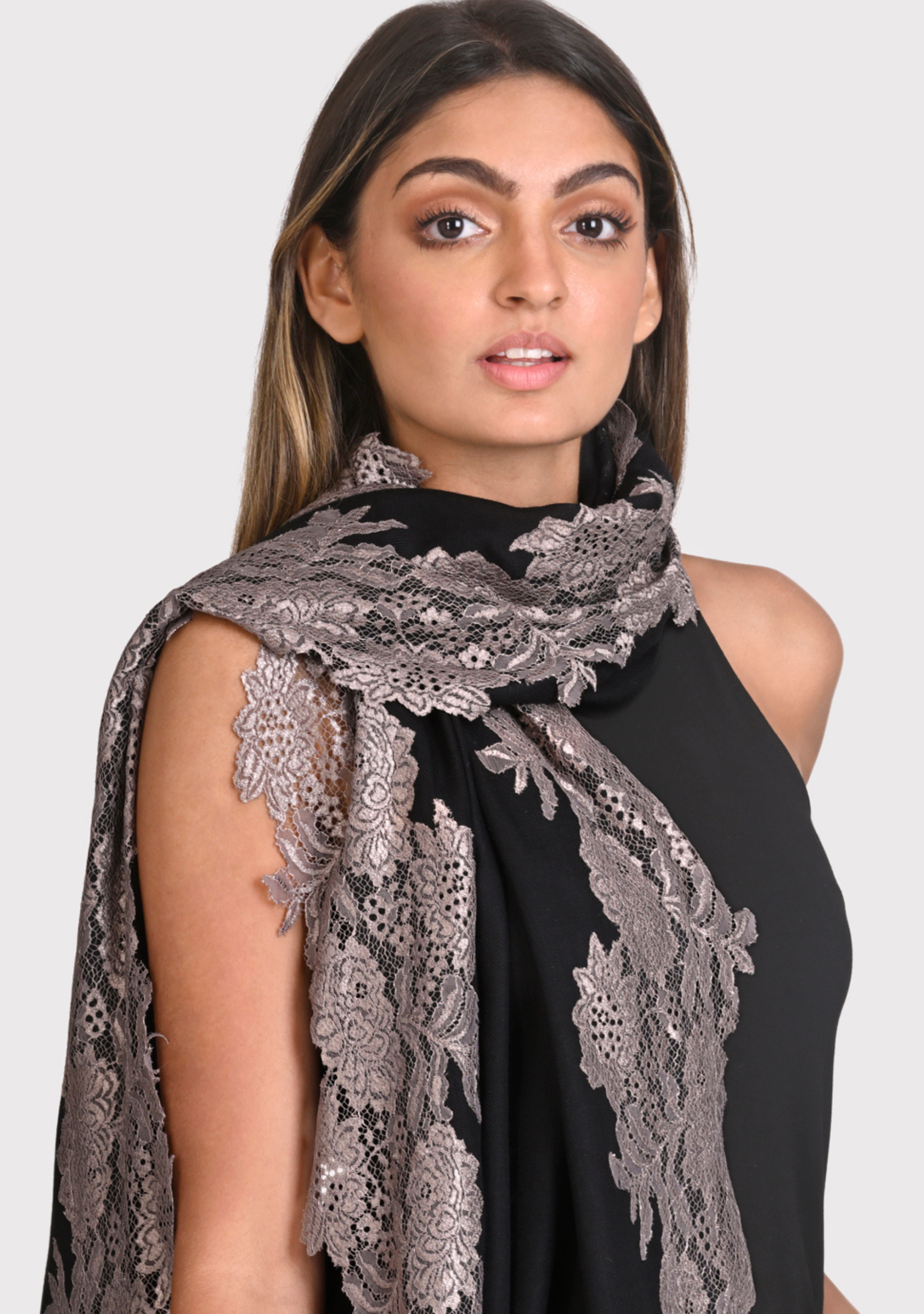 Black Silk And Wool Scarf with a Antique Silver Floral Lace Border