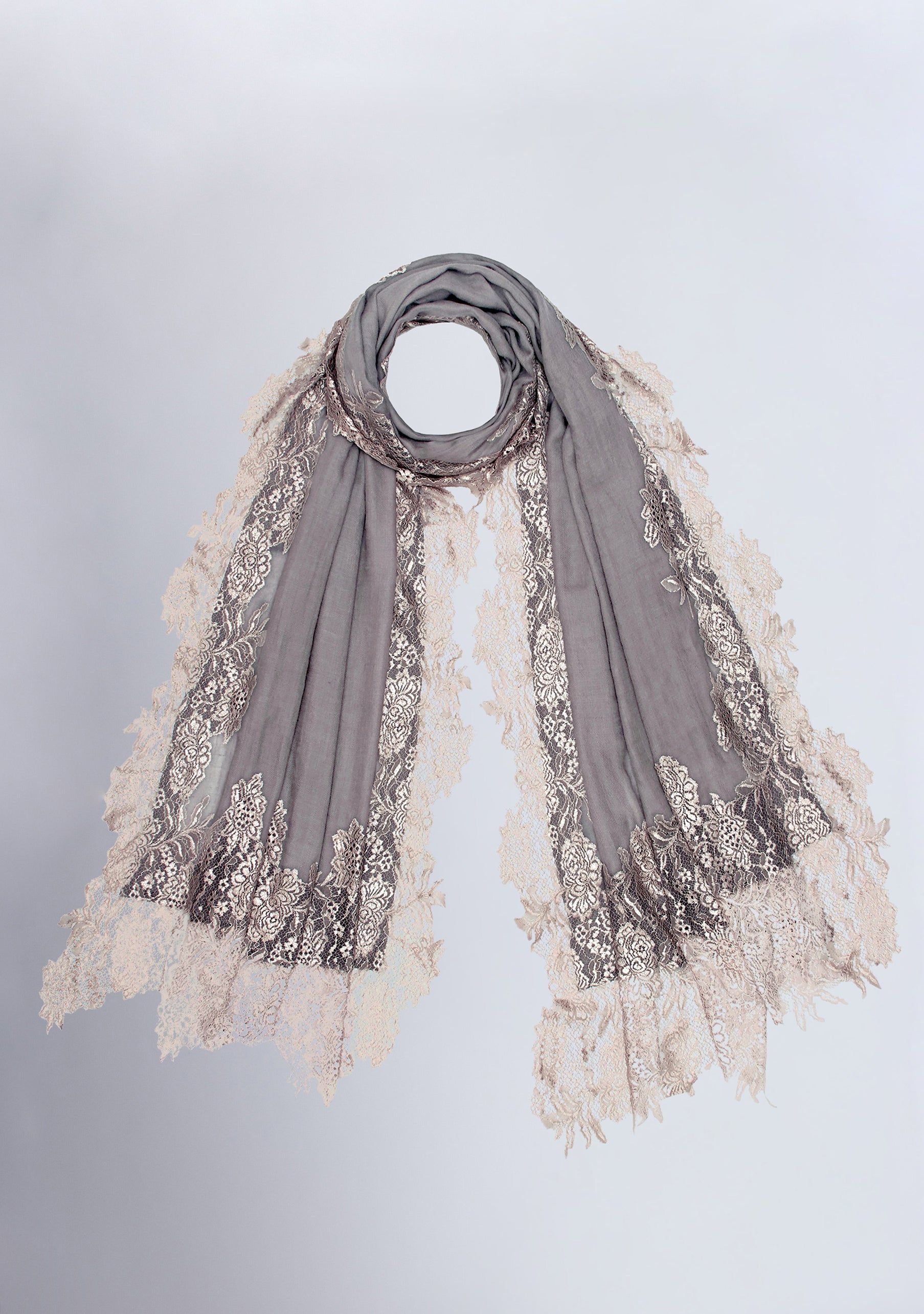 Mousse Silk And Wool Scarf with a Silver
 Floral Lace Border