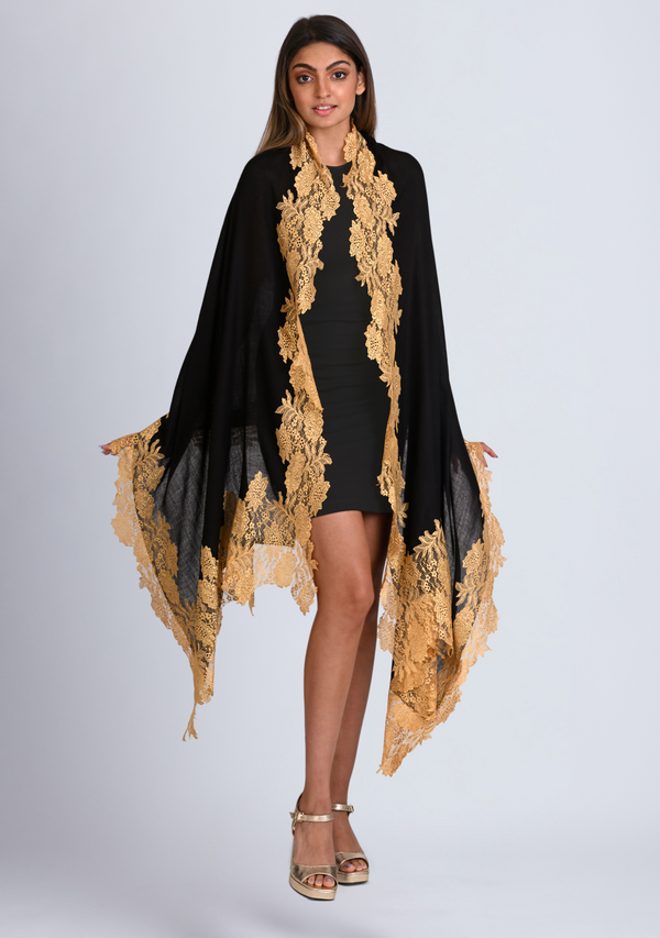 Black Silk And Wool Scarf with a Dk. Gold
 Floral Lace Border