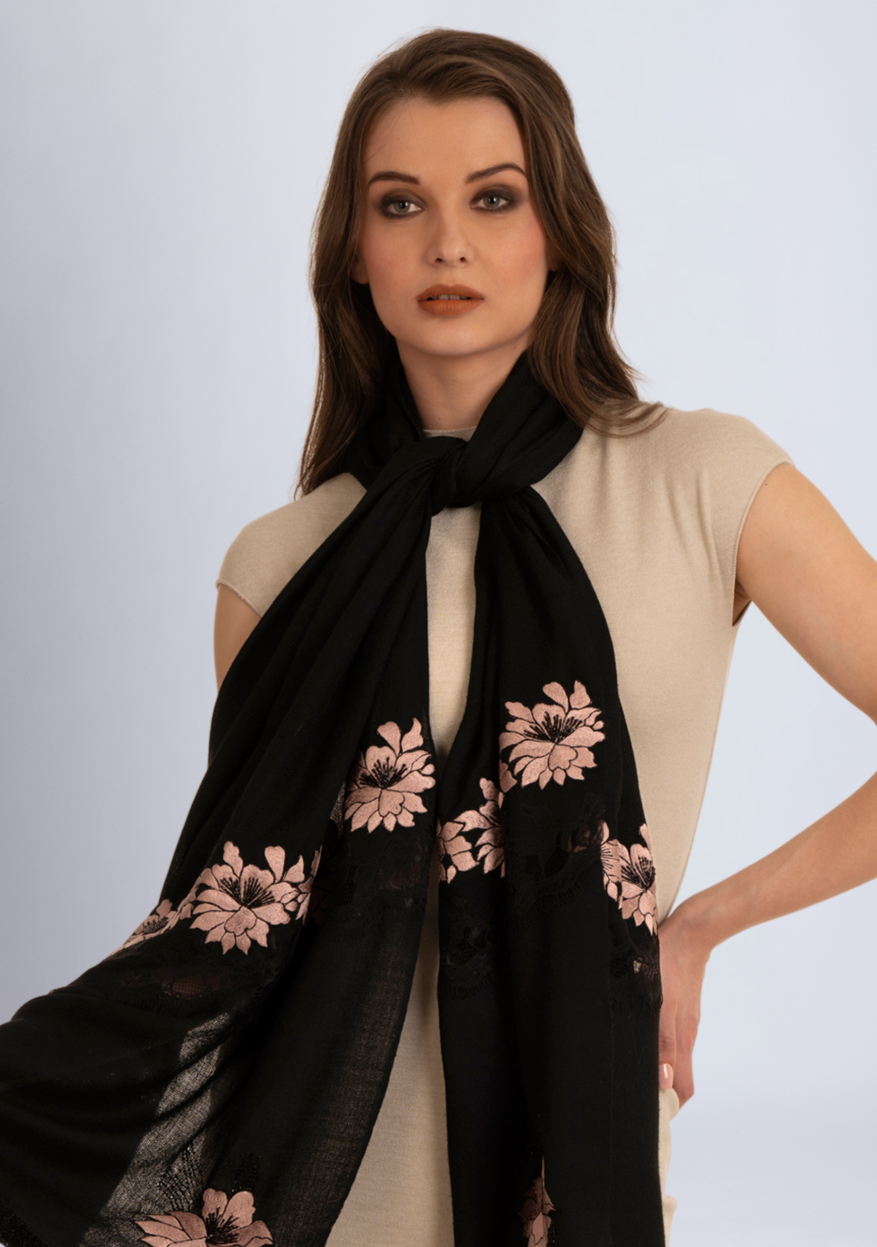 Black Cashmere Scarf with Lt. Copper Floral Embroidery and Black Filigree Lace Panel