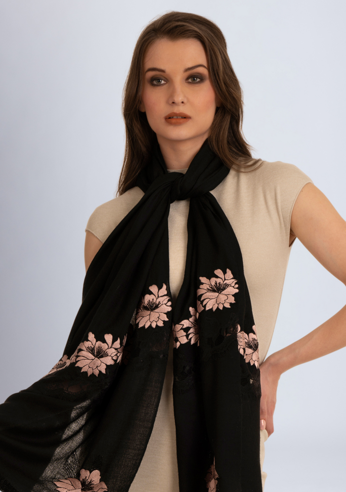 Black Cashmere Scarf 
Lt. Copper Embroidery & Black Lace