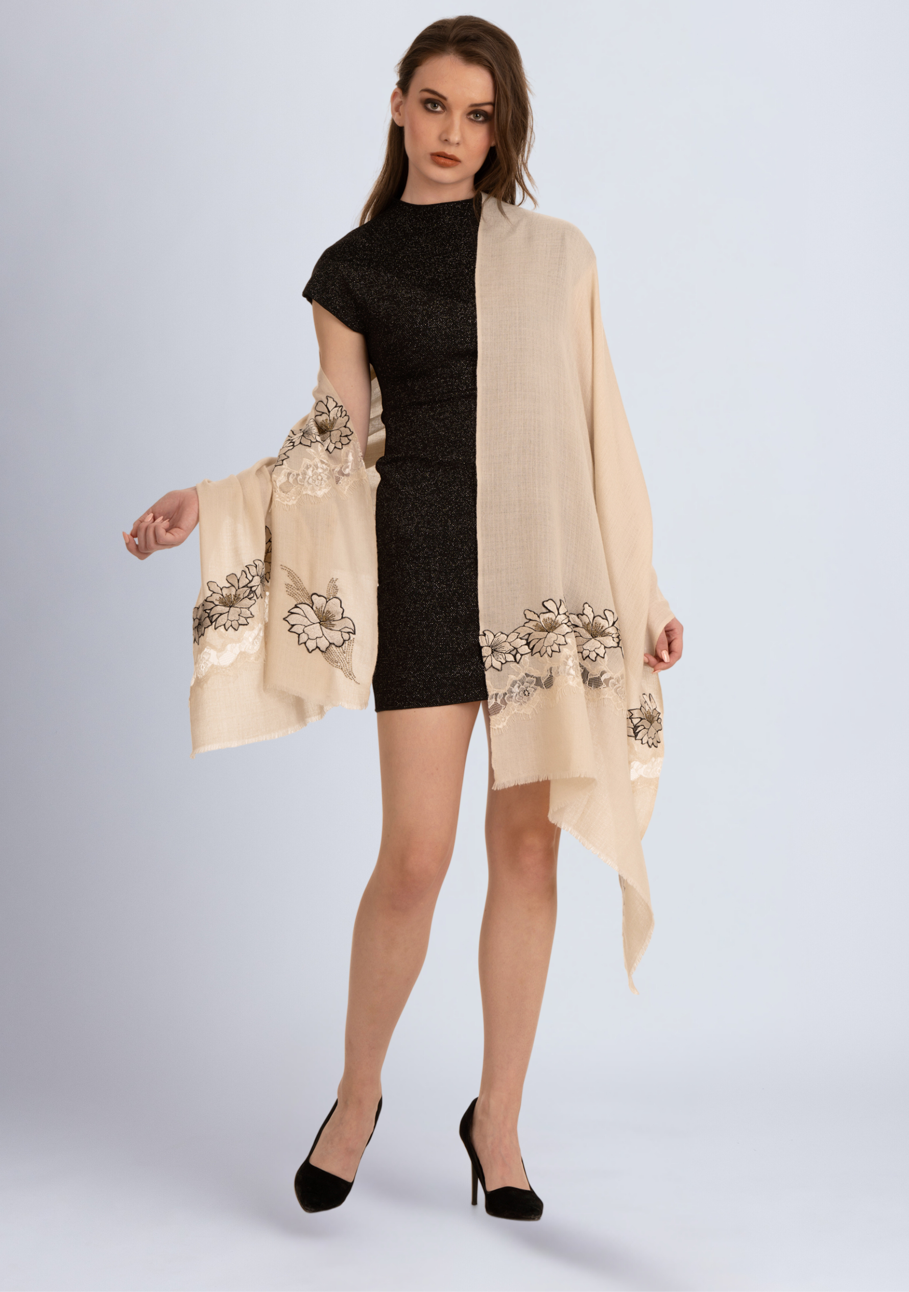 Beige Cashmere Scarf 
Beige Embroidery & Lace