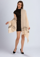 Beige Cashmere Scarf with Beige Floral Embroidery and Shiny Beige Filigree Lace Panel