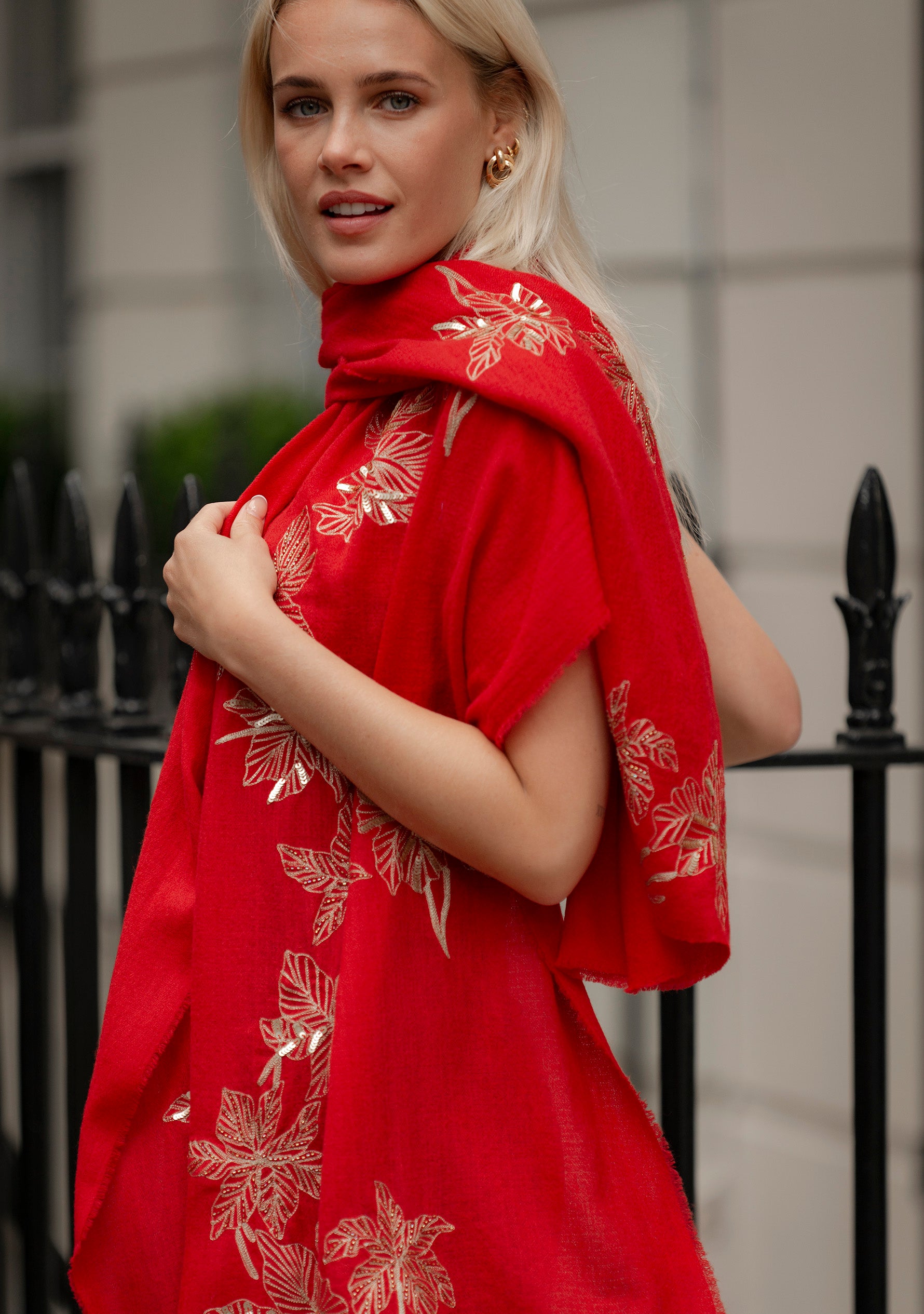 Bright Red Cashmere Scarf with a Dull Gold Sequin and Metalic Leaf Embroidery