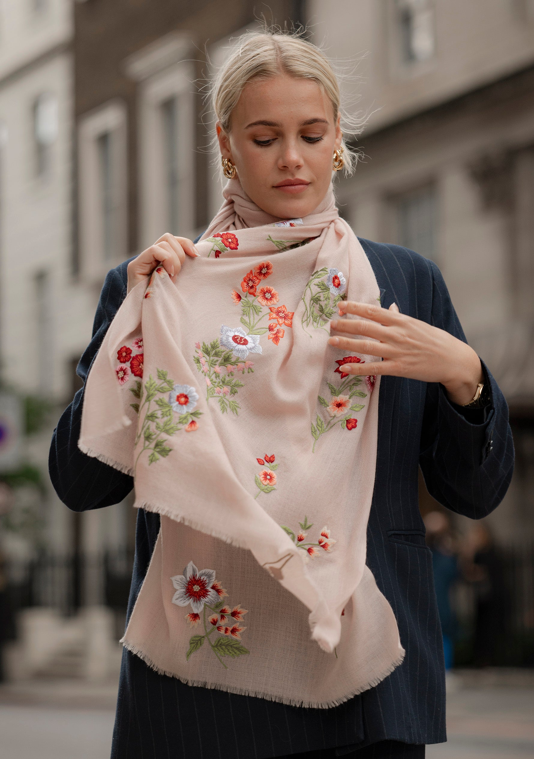 Lt. Copper Cashmere Scarf with Multi-colored Floral Embroidery and Lt. Copper Floral Lace Appliques