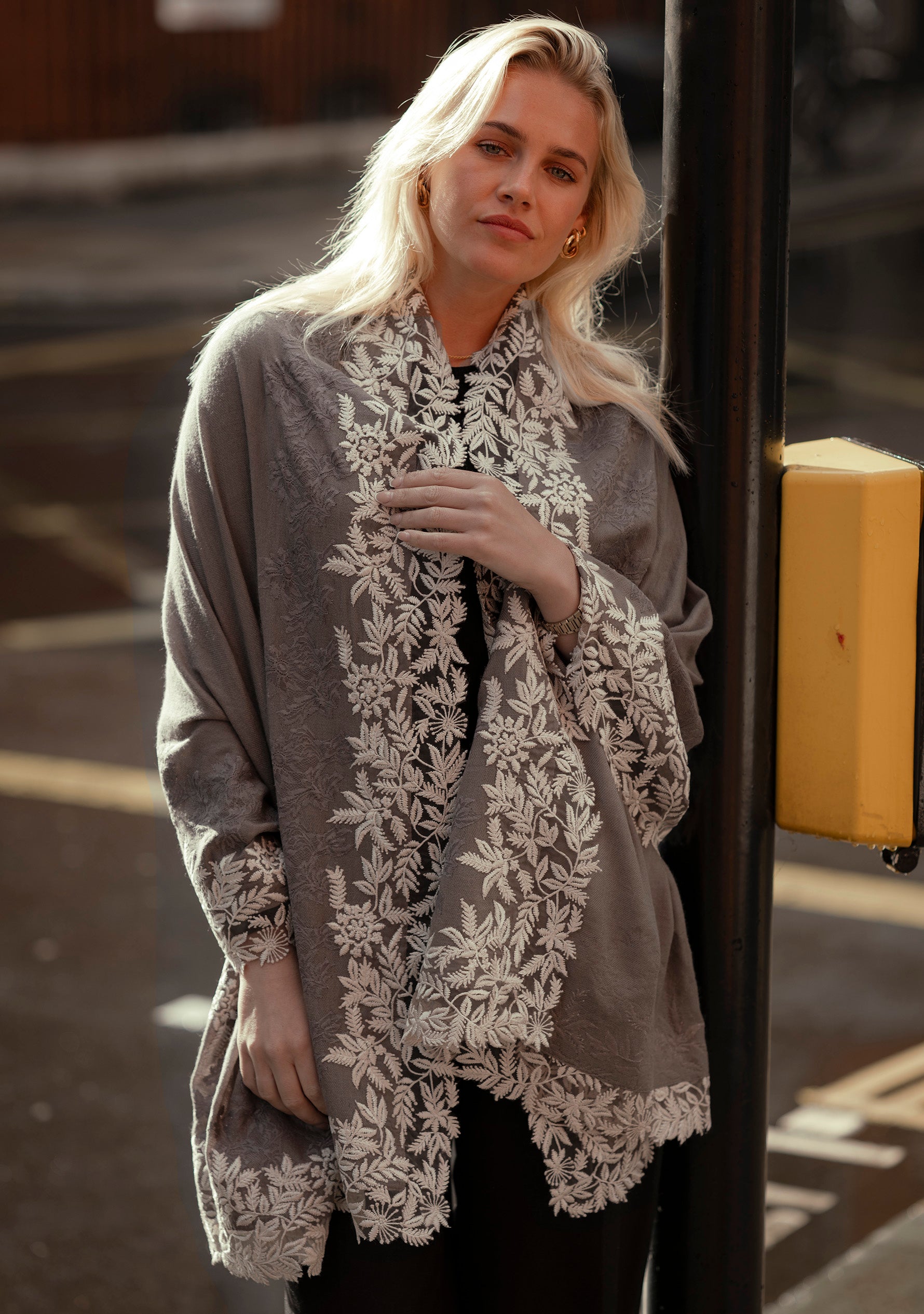 Mousse Cashmere Scarf with an Ivory Leaf Embroidery Border and Mousse Floral Lace Inset