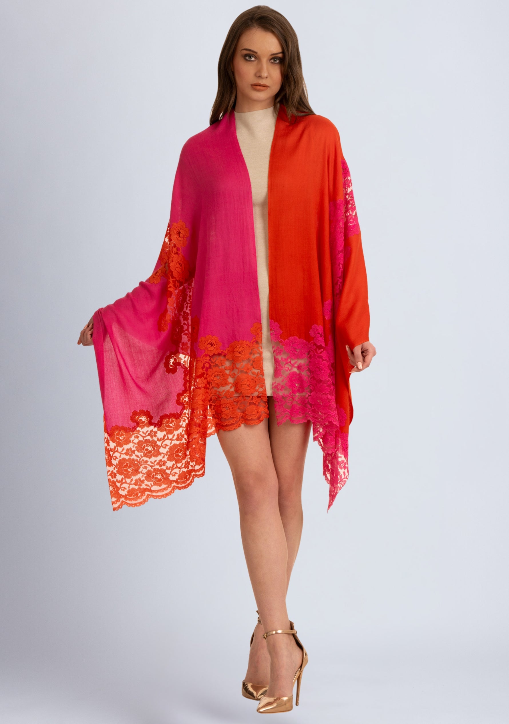 Sunset Pink Ombre Wool and Silk Scarf with Dual-Colored Sunset Pink Ombre Floral Lace Application