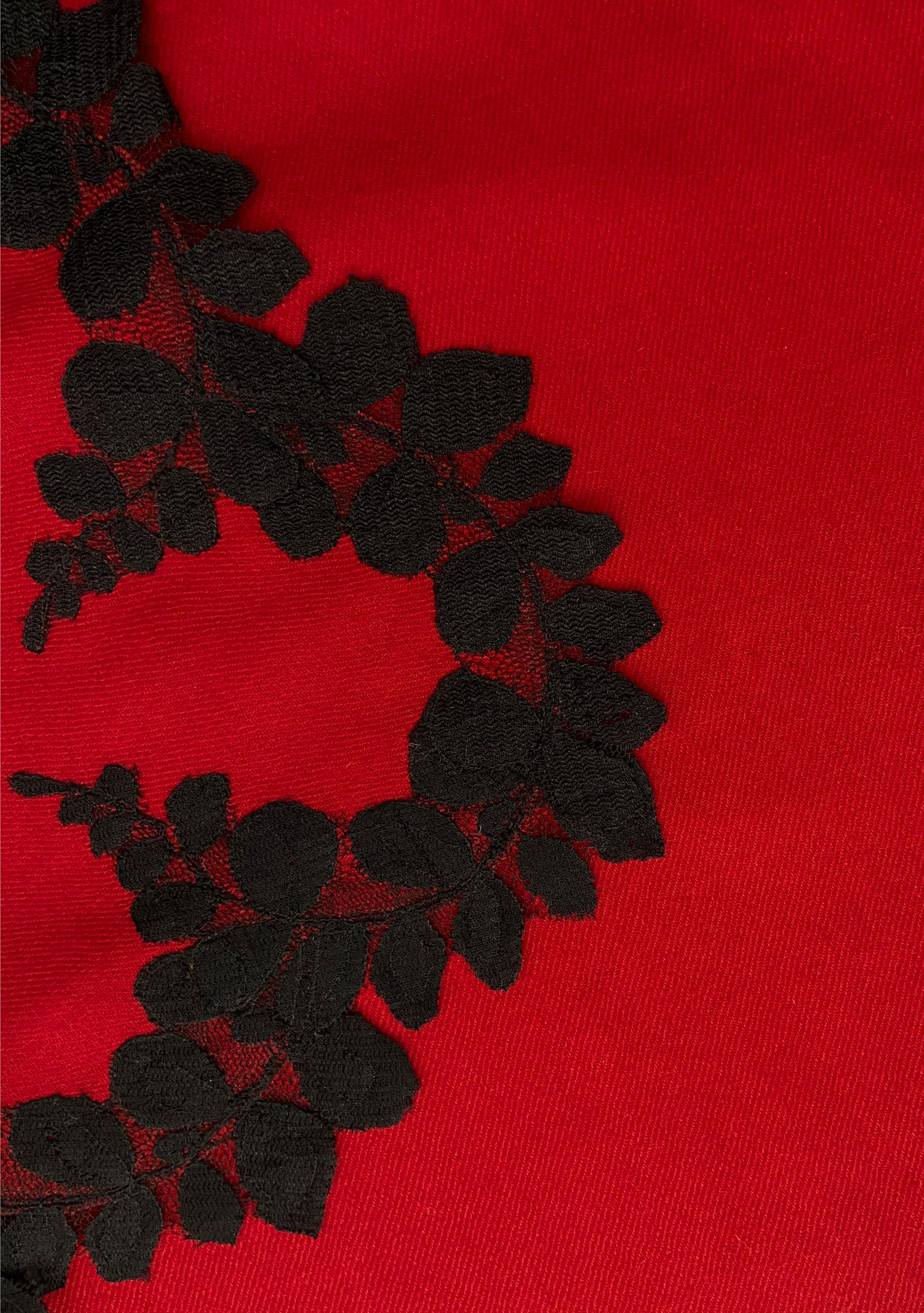 Red Silk and Wool Scarf with a Black Scalloped Lace Border