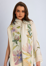 Beige Cashmere Scarf with Hand-Painted Revival Design and a Beige Frill and Lace Border