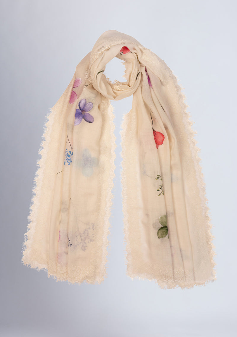 Ivory Cashmere Scarf with Hand-Painted Prime Design and an Ivory Lace Border