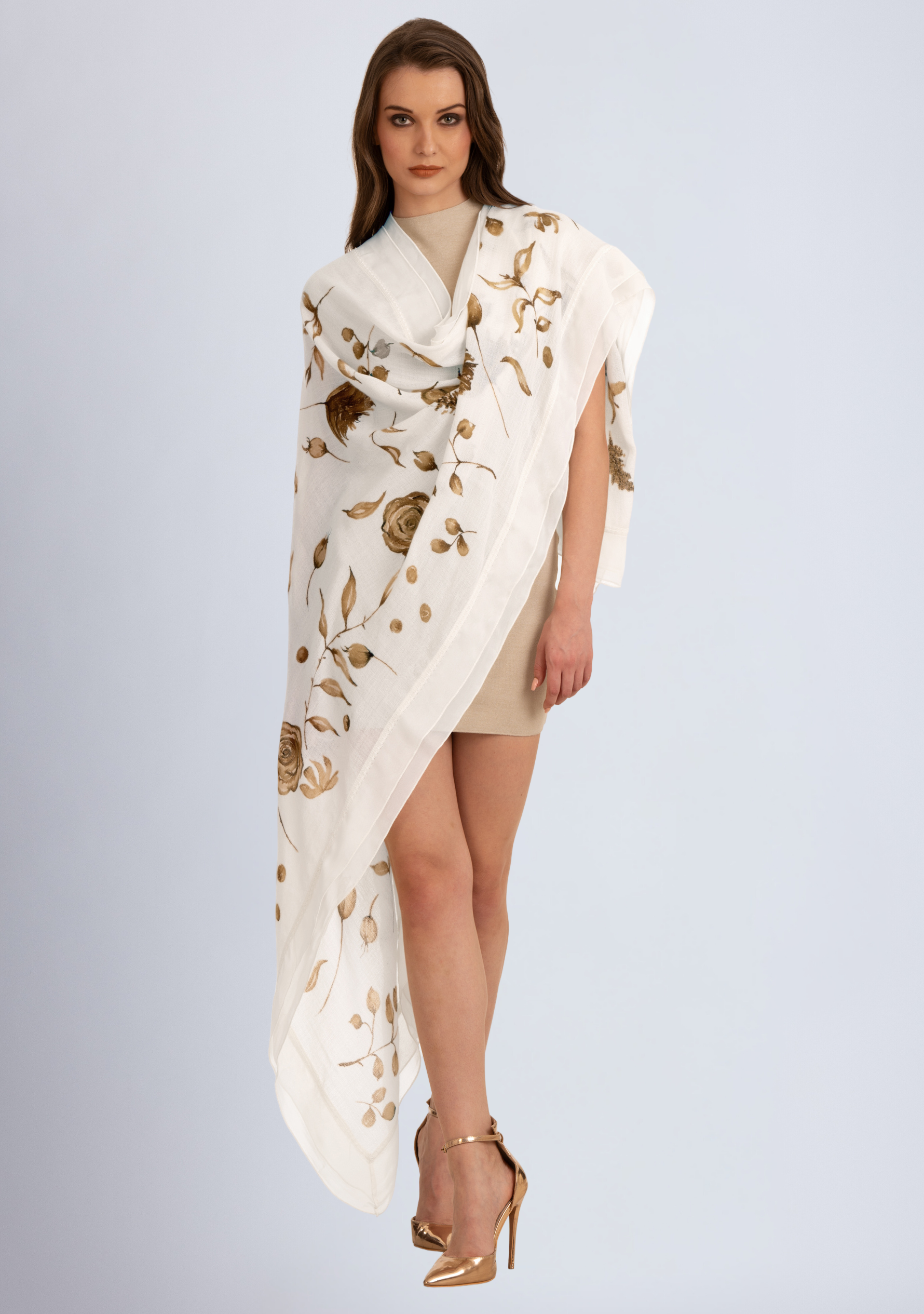 Ivory Cashmere Scarf with Hand-Painted Vintage Design and Ivory Frill and Lace Border