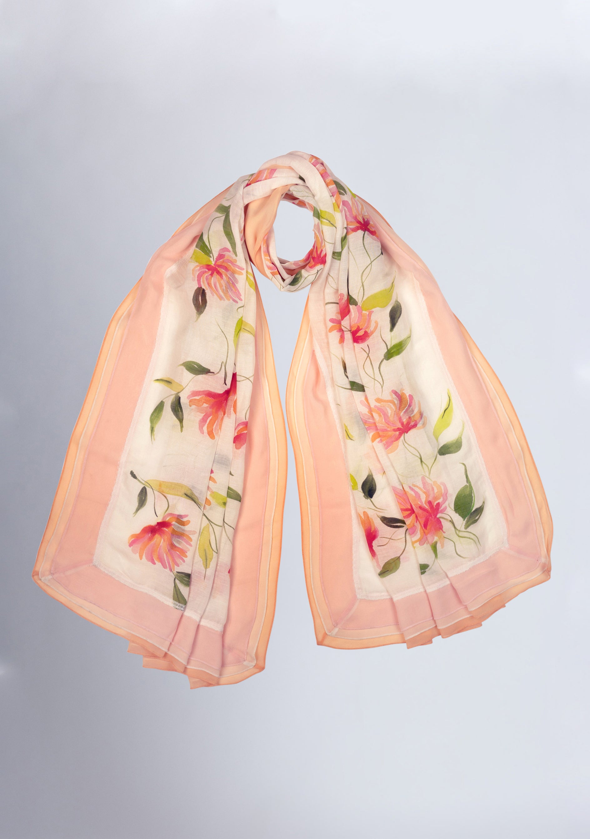 Ivory Linen and Modal Scarf with Hand-Painted Full Bloom Design and a Multicolor Frill and Ivory Lace Border