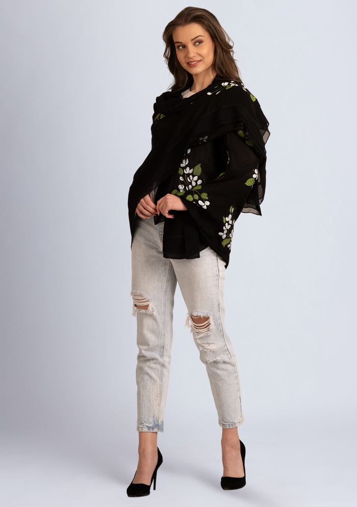 Black Linen & Modal Scarf
 Hand-Painted, Frill & Lace