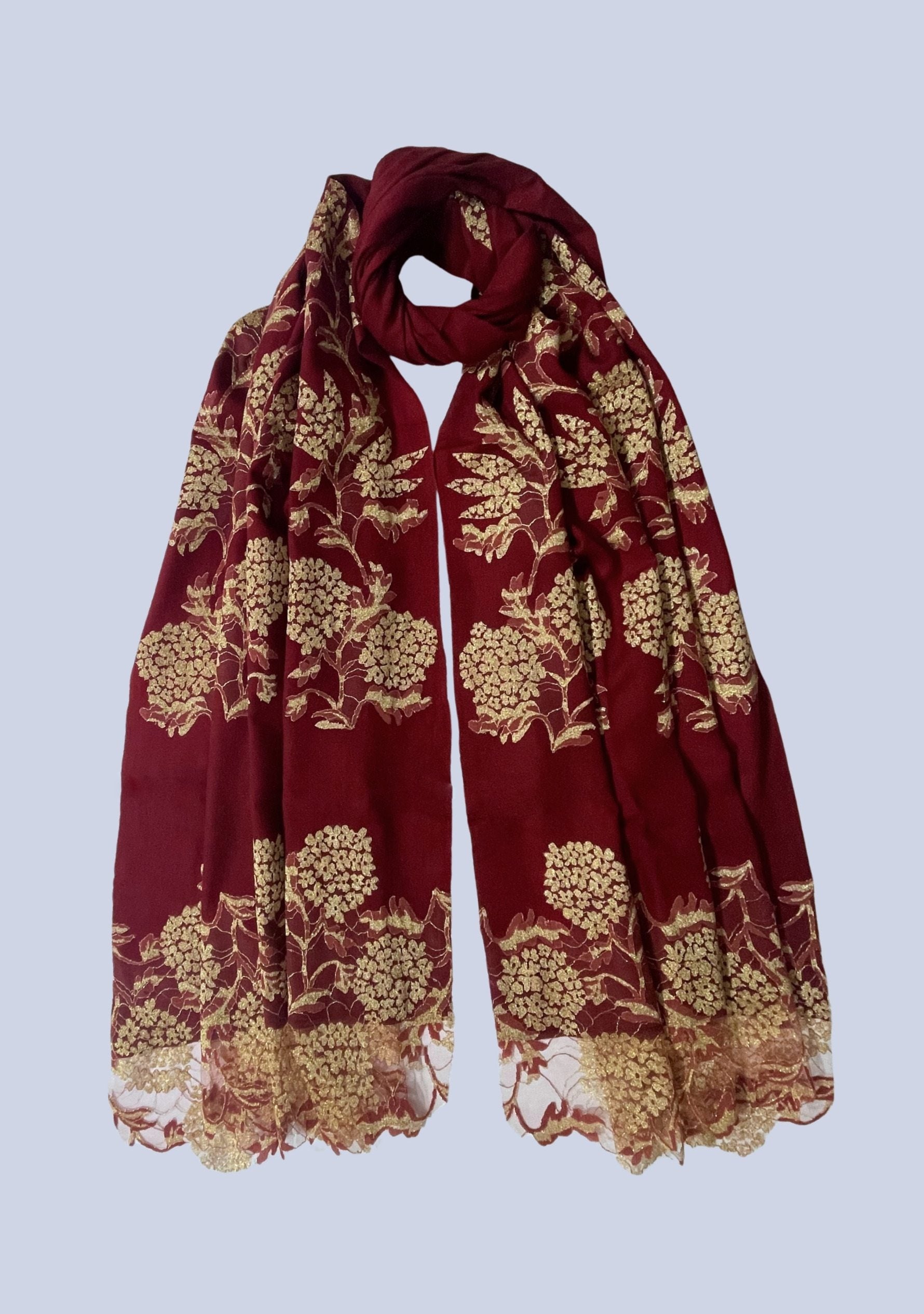 Burgundy Wool & Silk Scarf Gold Lace