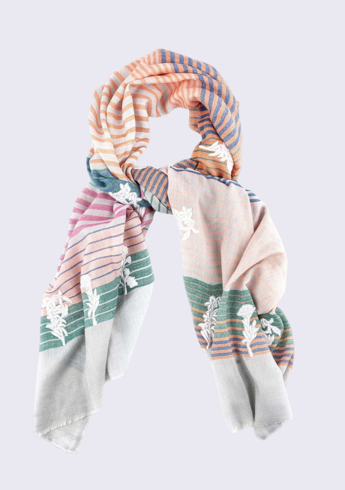 Multi-Striped Wool & Silk ScarfIvory Applique