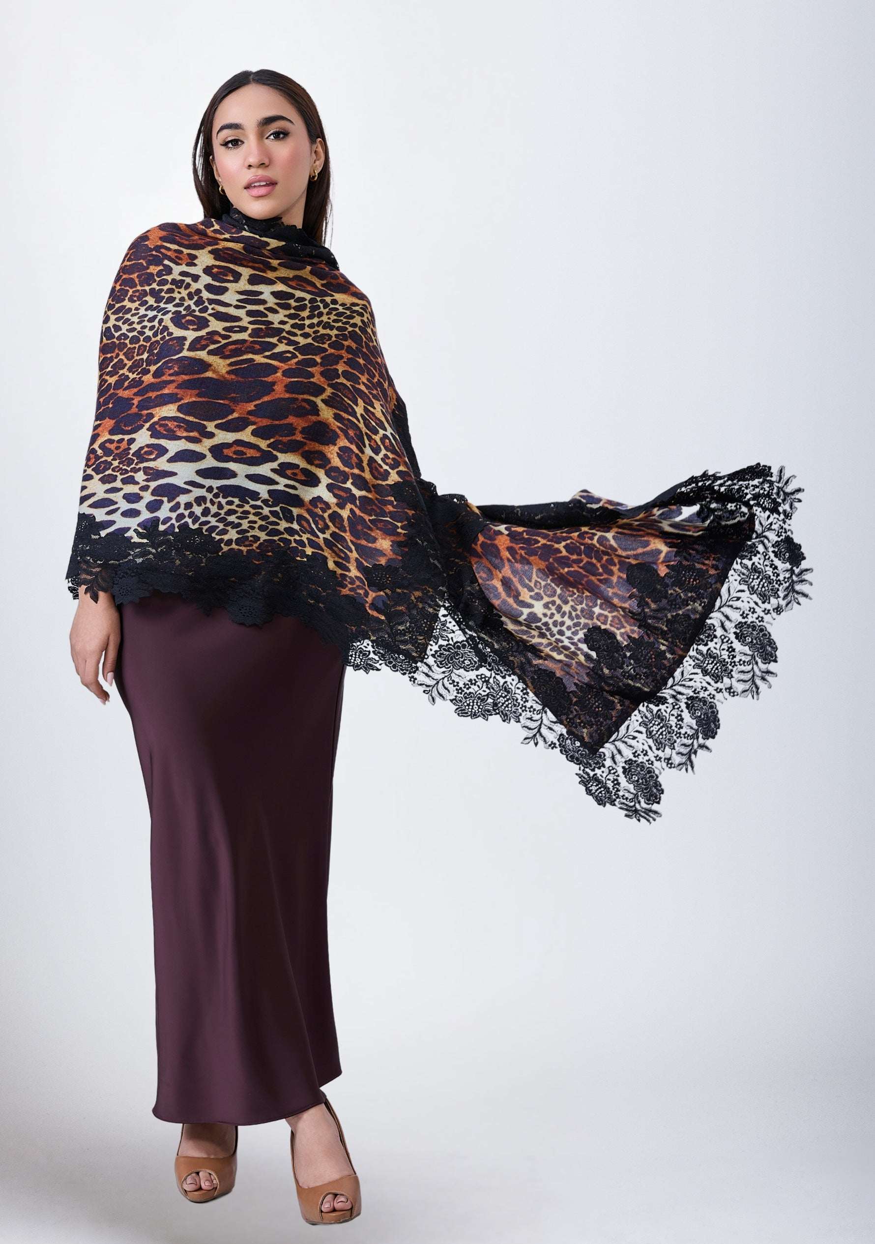 Black Leopard Print Wool & Silk Scarf Black Lace