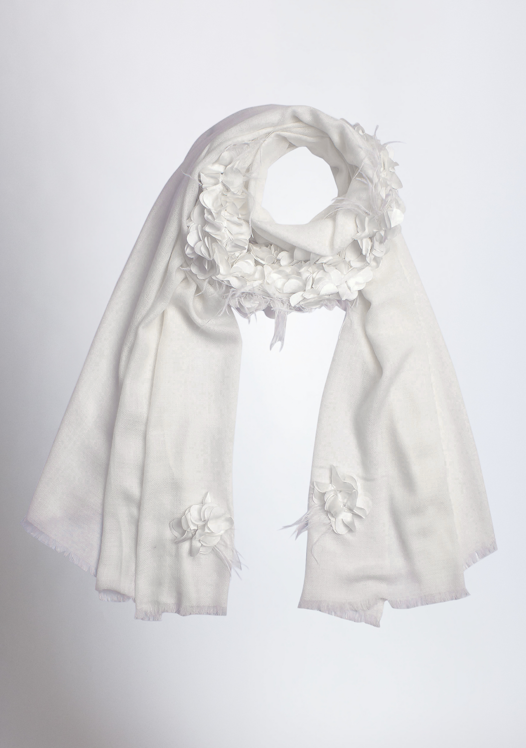 Ivory Cashmere Scarf with a Ivory Feather and Ivory Satin Leaf Collar and Appliques