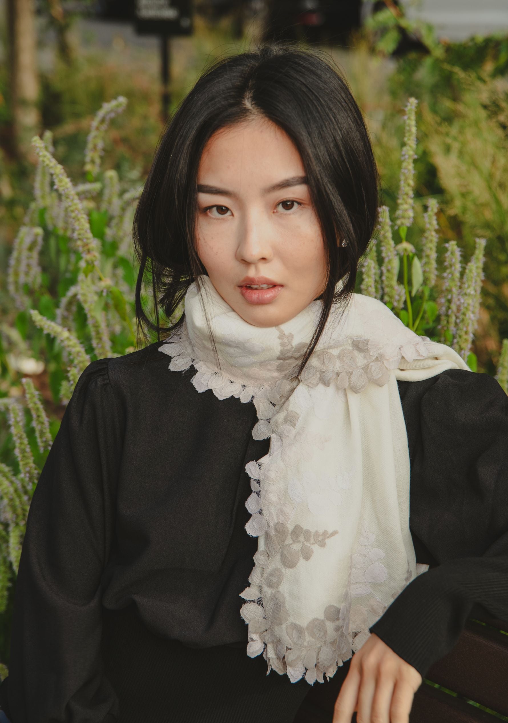 Ivory Wool and Silk Scarf with Beige, Natural and Alabaster Triple Scalloped Lace Border