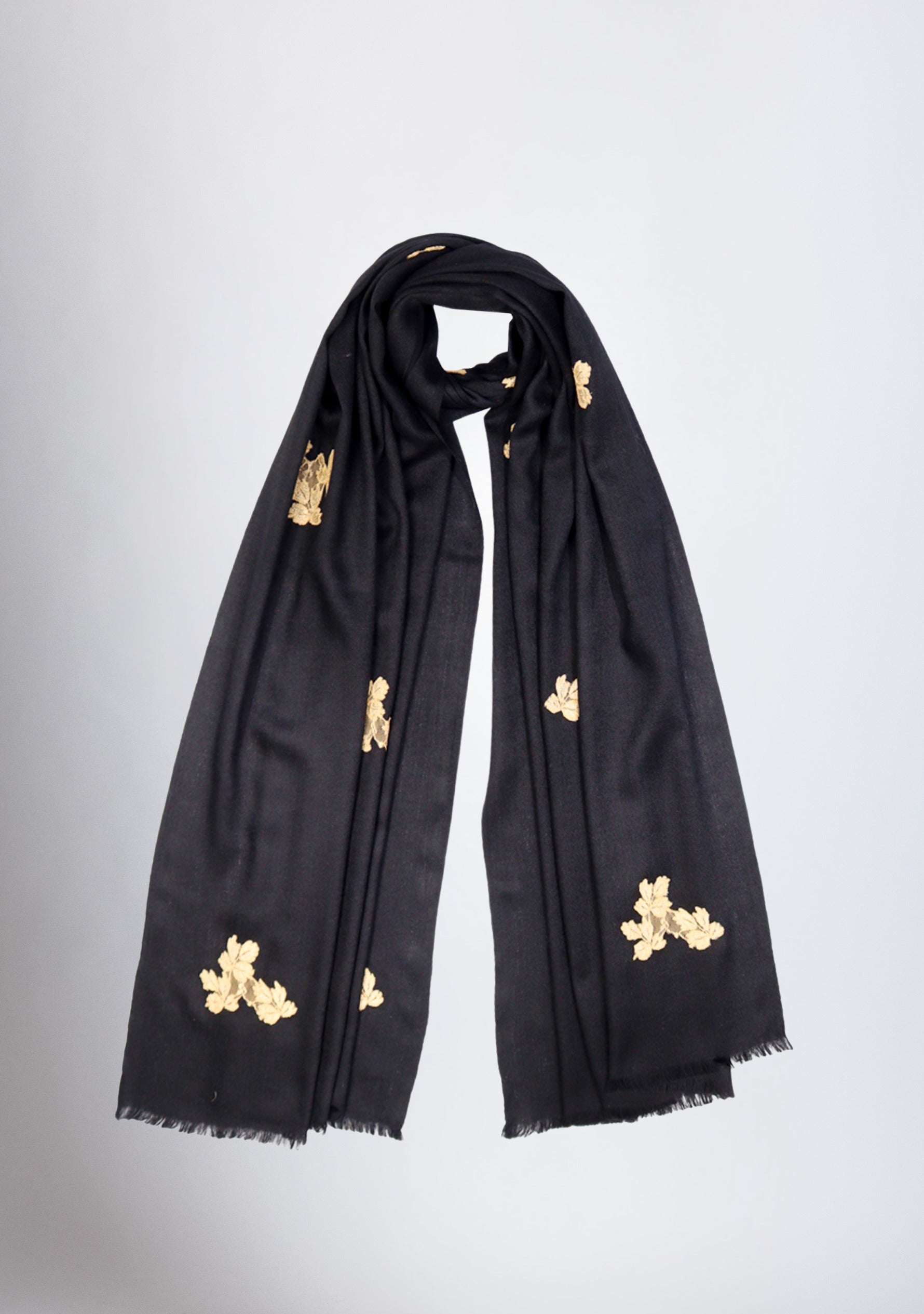 Black Wool Scarf with Gold Leaf Lace Appliques