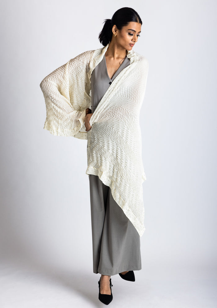 Ivory Pleated Wool & Silk Scarf
Ivory Georgette & Crystal Border