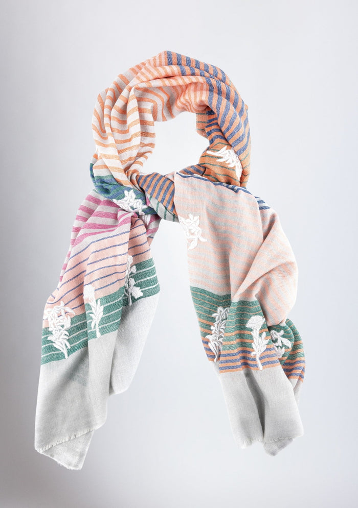 Multi-Striped Wool & Silk ScarfIvory Applique