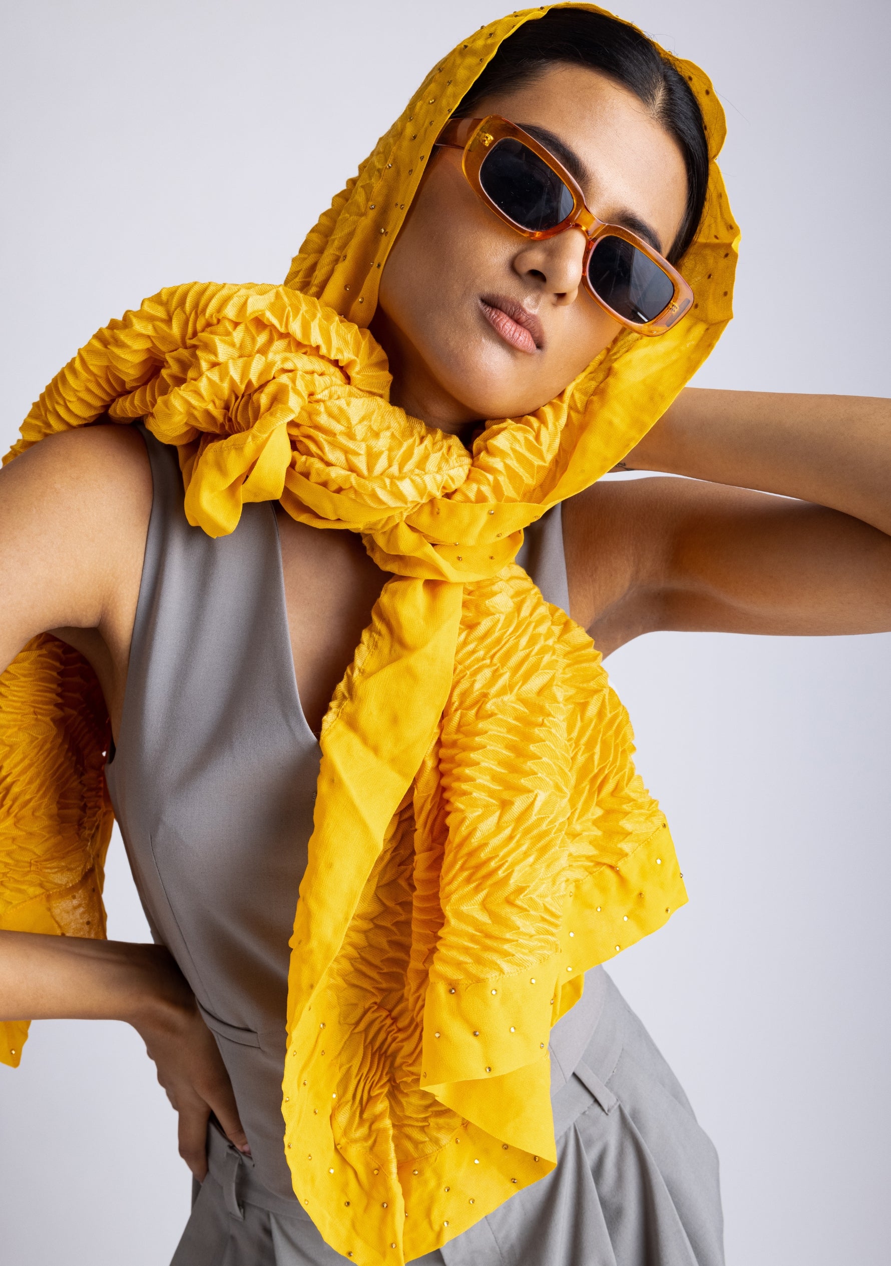 Butterscotch Pleated Wool and Silk Scarf with Butterscotch Georgette and Crystal Border