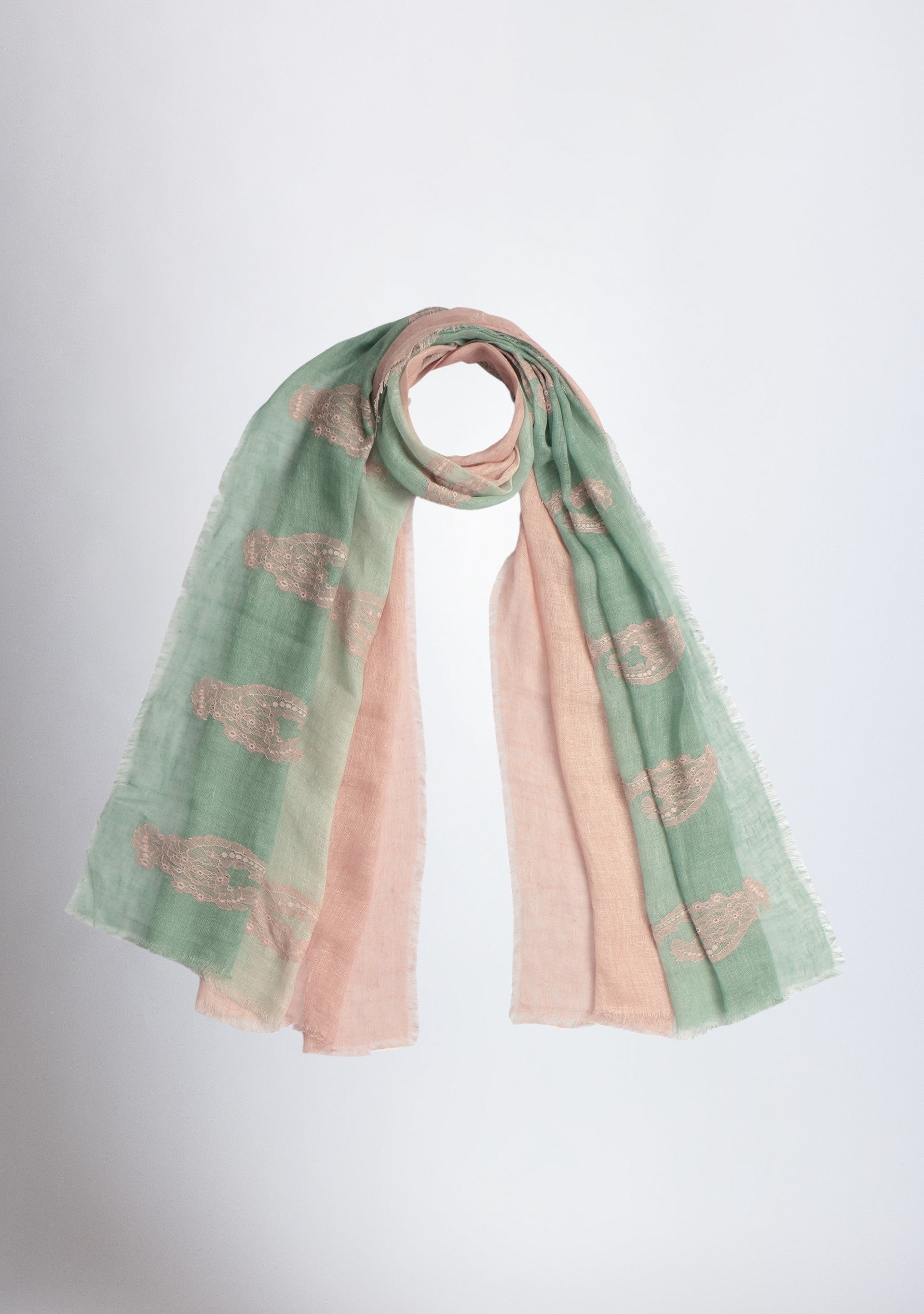 Lt. Sage Green and Peanut Ombre Linen Scarf with Peanut Lace Appliques