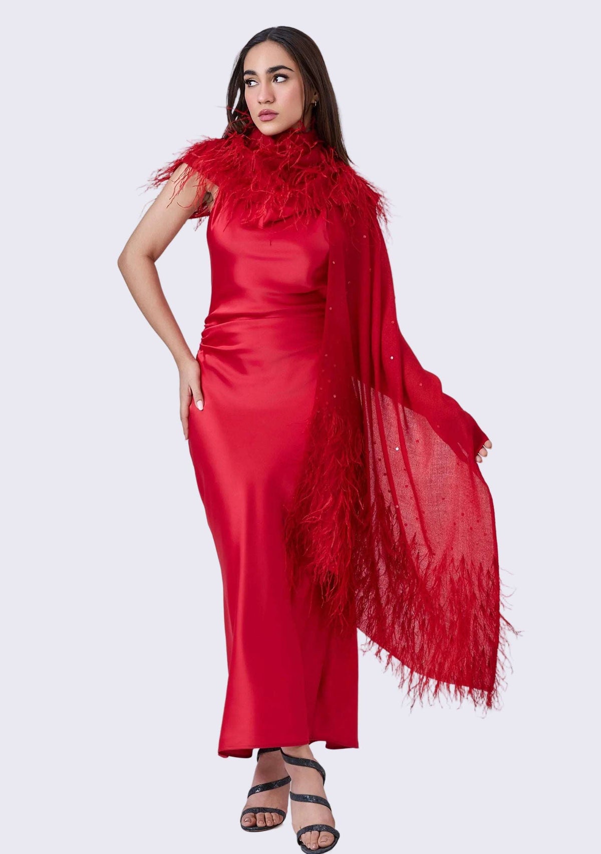 Firecracker Red Cashmere Pashmina Scarf Red Ostrich Feathers & Sequin