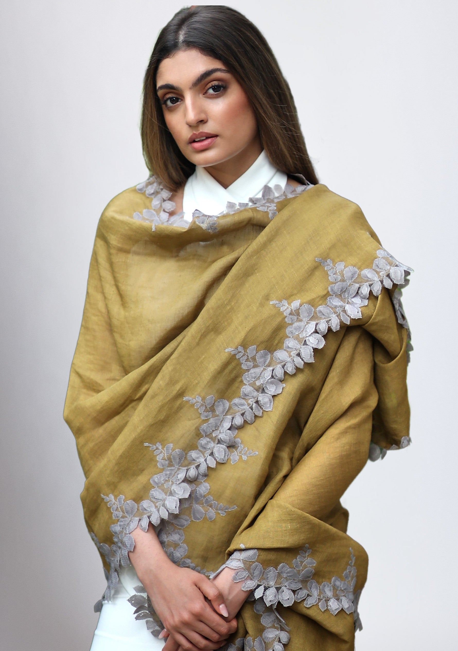 Mustard Linen and Modal Scarf with a Mousse Scalloped Lace Border