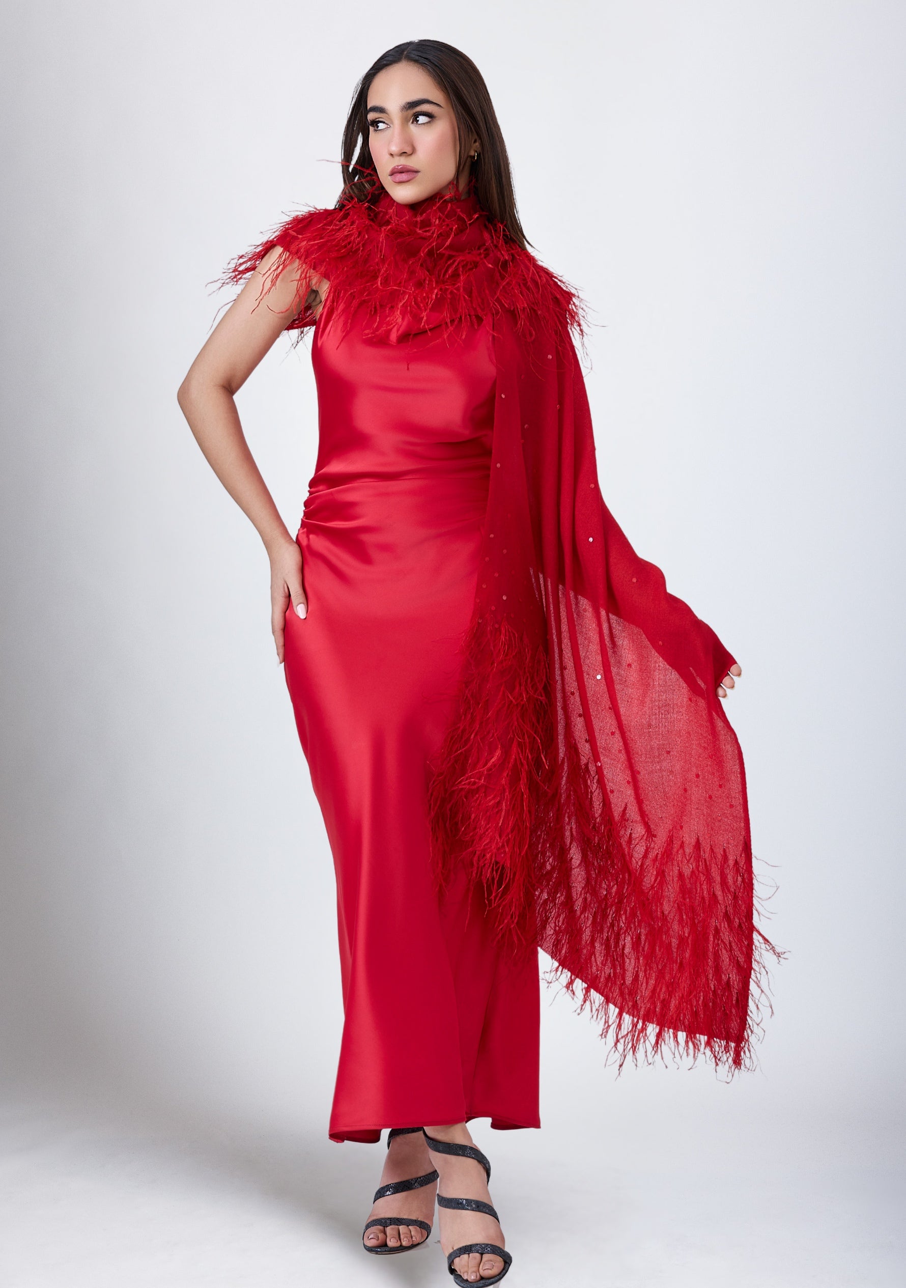 Tomato Red Cashmere Scarf with Tomato Red Ostrich Feathers and Tomato Red Sequin