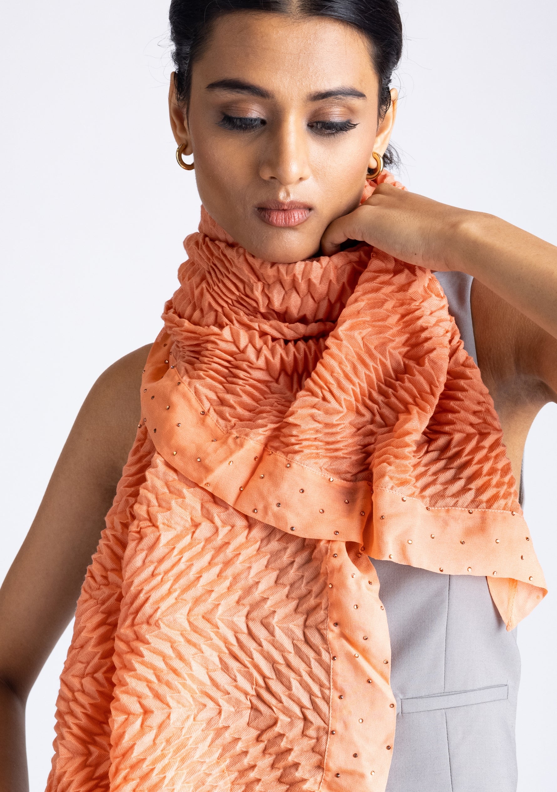 Salmon Pleated Wool and Silk Scarf with Salmon Georgette and Crystal Border