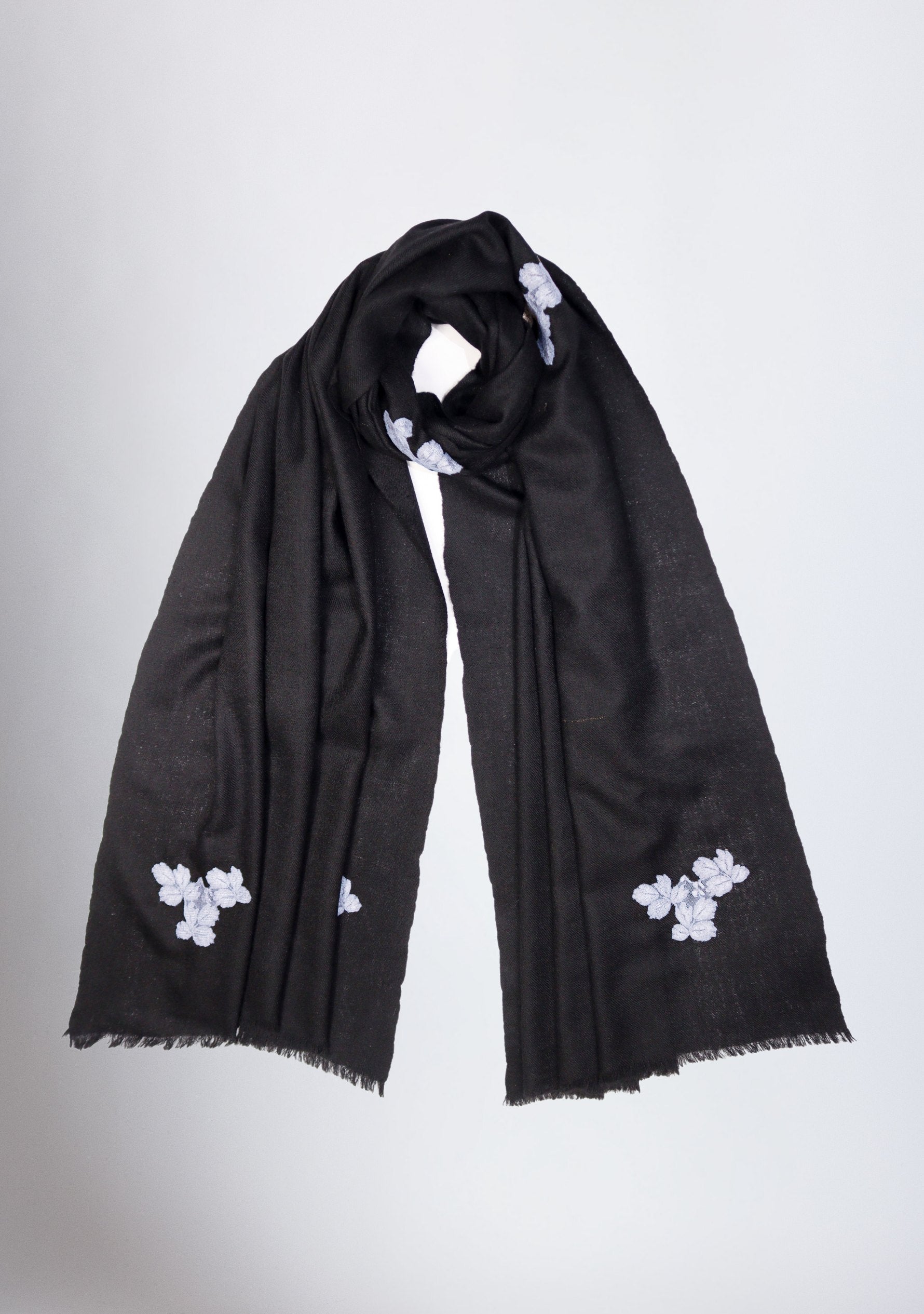 Black Wool Scarf with Antique Silver Leaf Lace Appliques