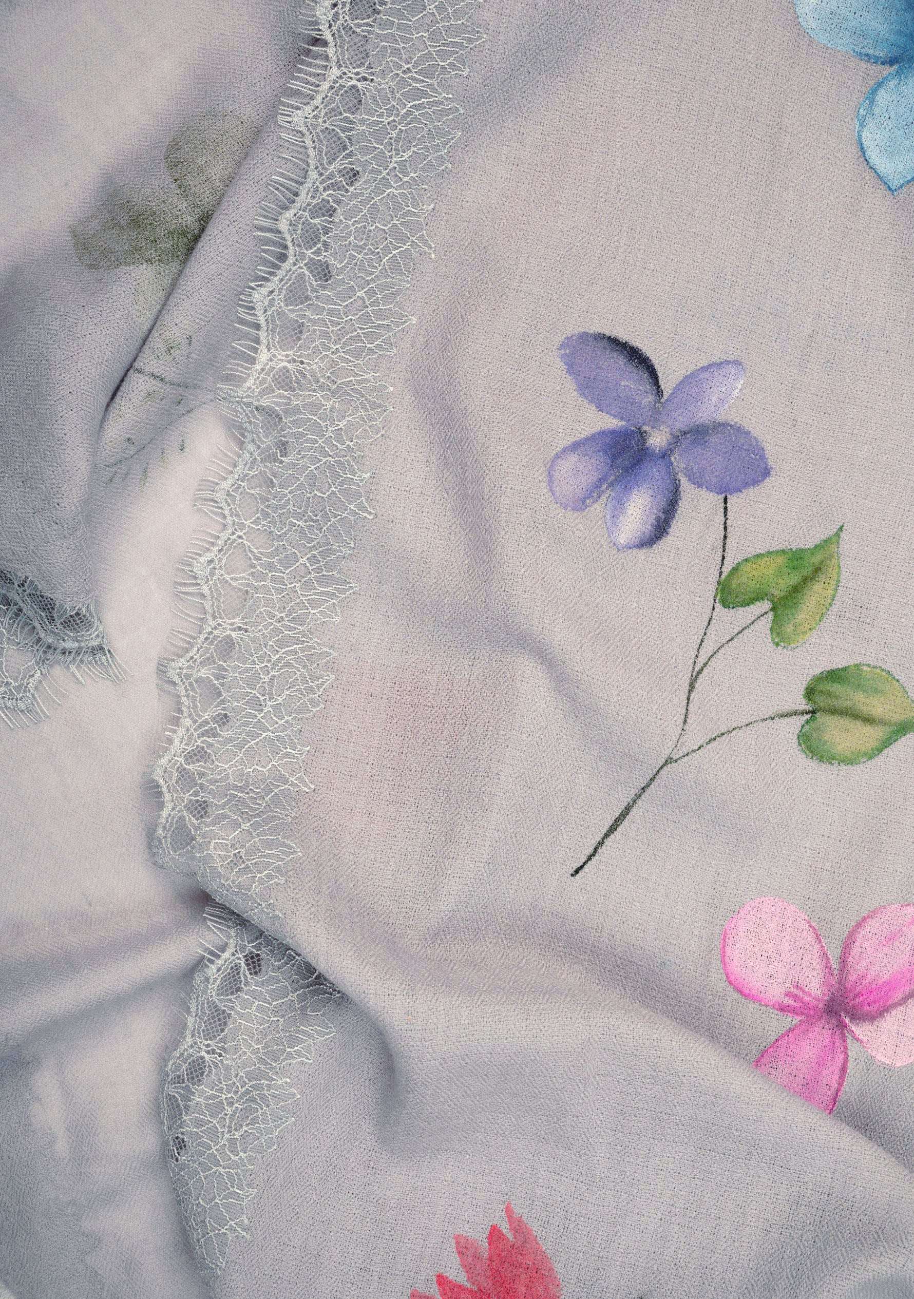 Lt. Gray Cashmere Scarf Hand-Painted & Lt. Gray Lace