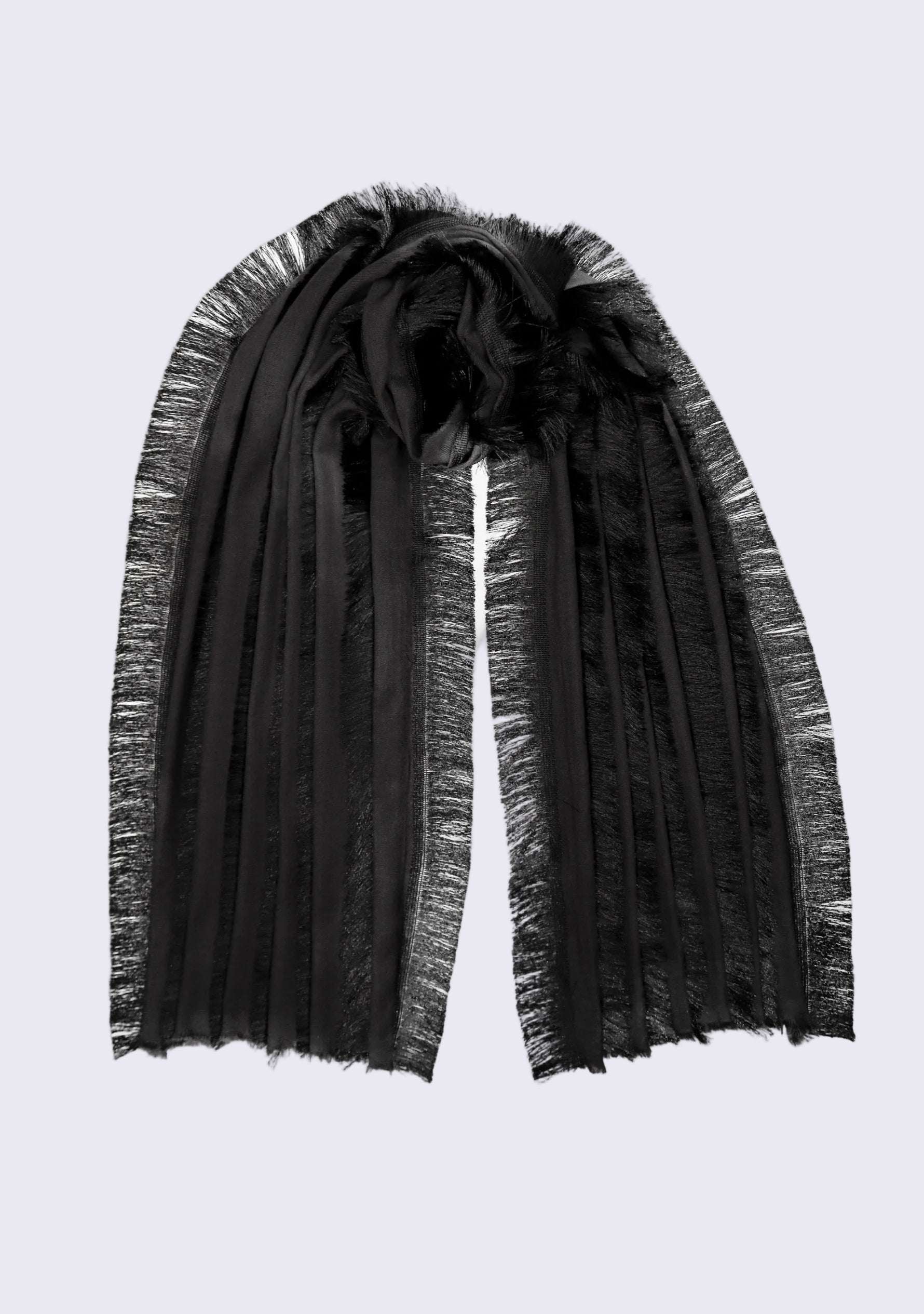 Charcoal Wool & Silk Scarf 
Black Fringe Panels