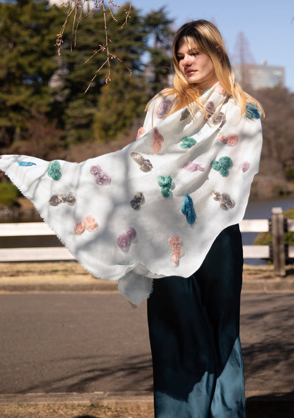 Ivory Cashmere Scarf with Multi Colored Ribbon Roses