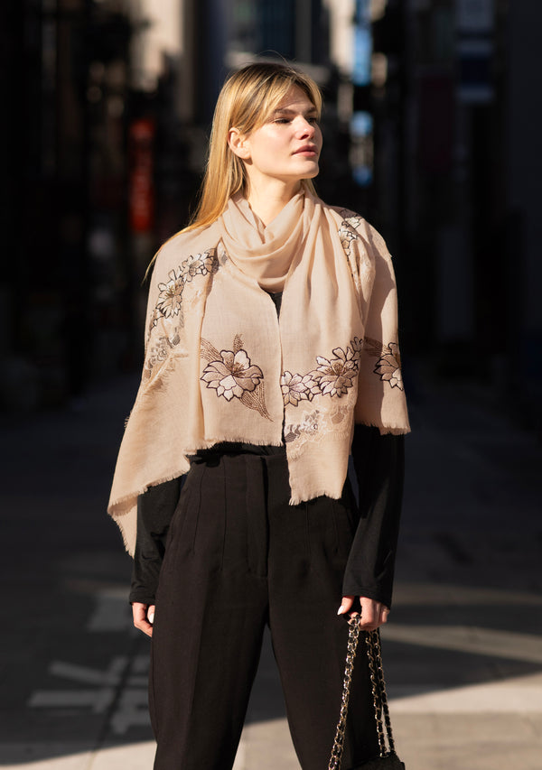 Beige Cashmere Scarf with Beige Floral Embroidery and Shiny Beige Filigree Lace Panel