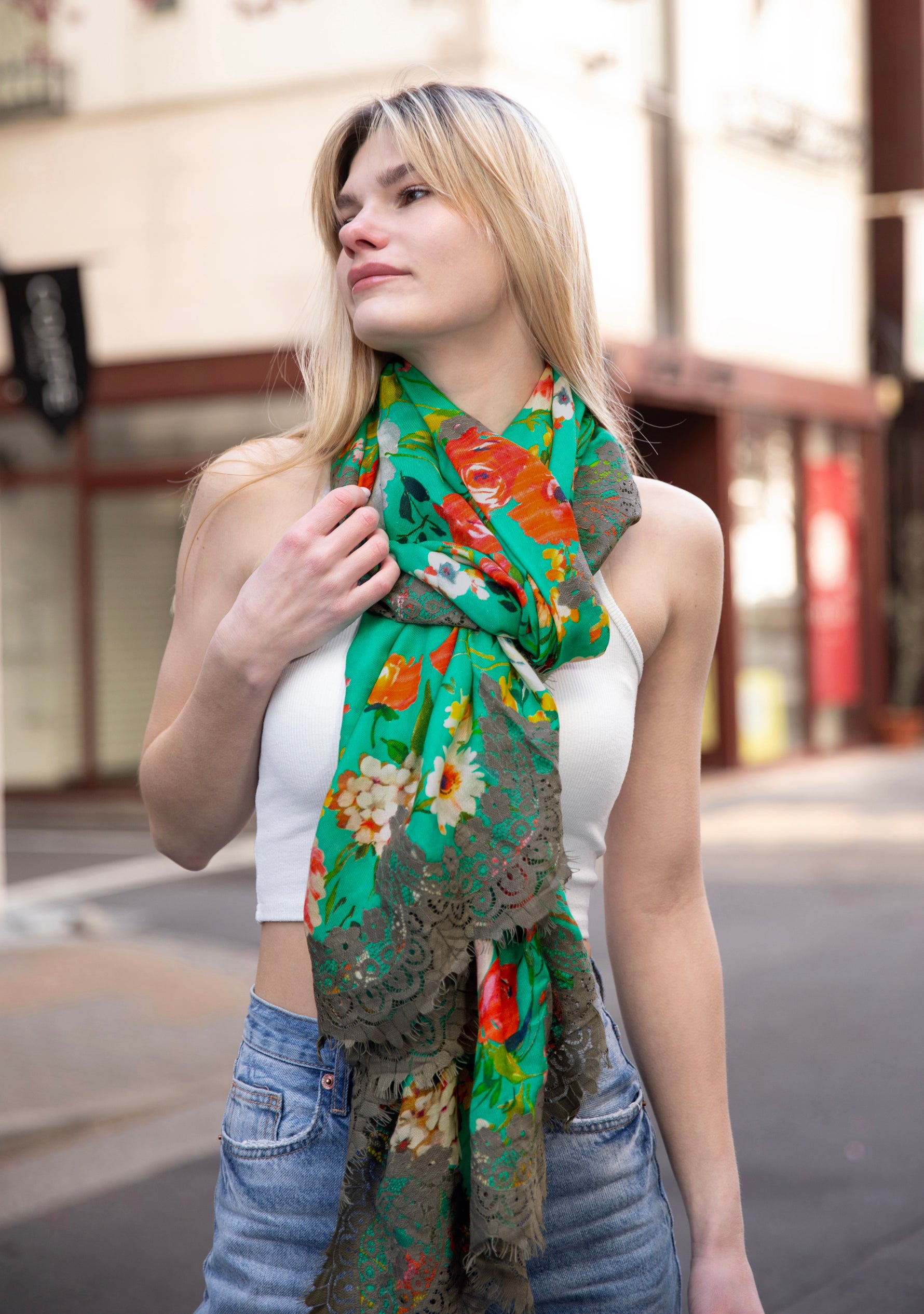 Spring Floral Print Teal Green Modal and Cashmere Scarf with a Mousse Chantelle Lace Border