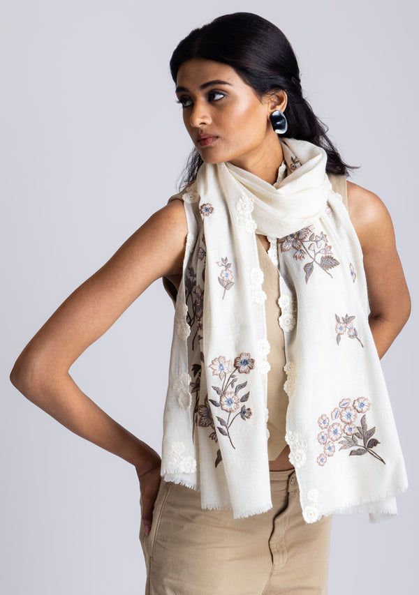 Ivory Cashmere Scarf with Multi-colored Floral Embroidery and Ivory Floral Lace Appliques