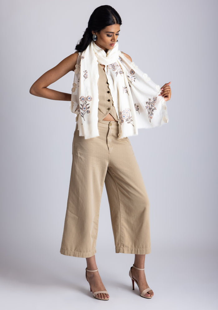 Ivory Cashmere Scarf
 Multi-colored Embroidery & Ivory Lace