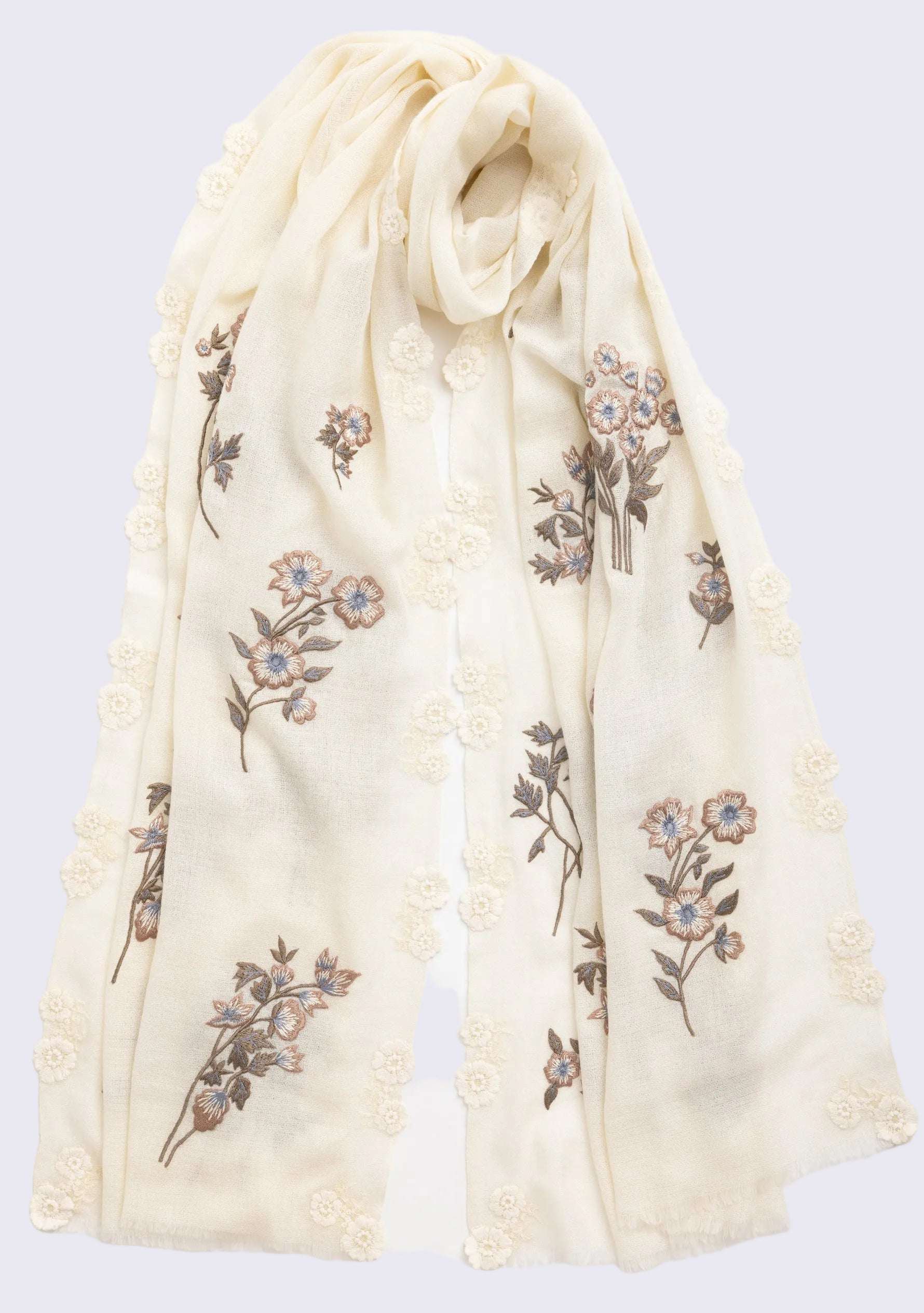Ivory Cashmere Scarf
 Multi-colored Embroidery & Ivory Lace