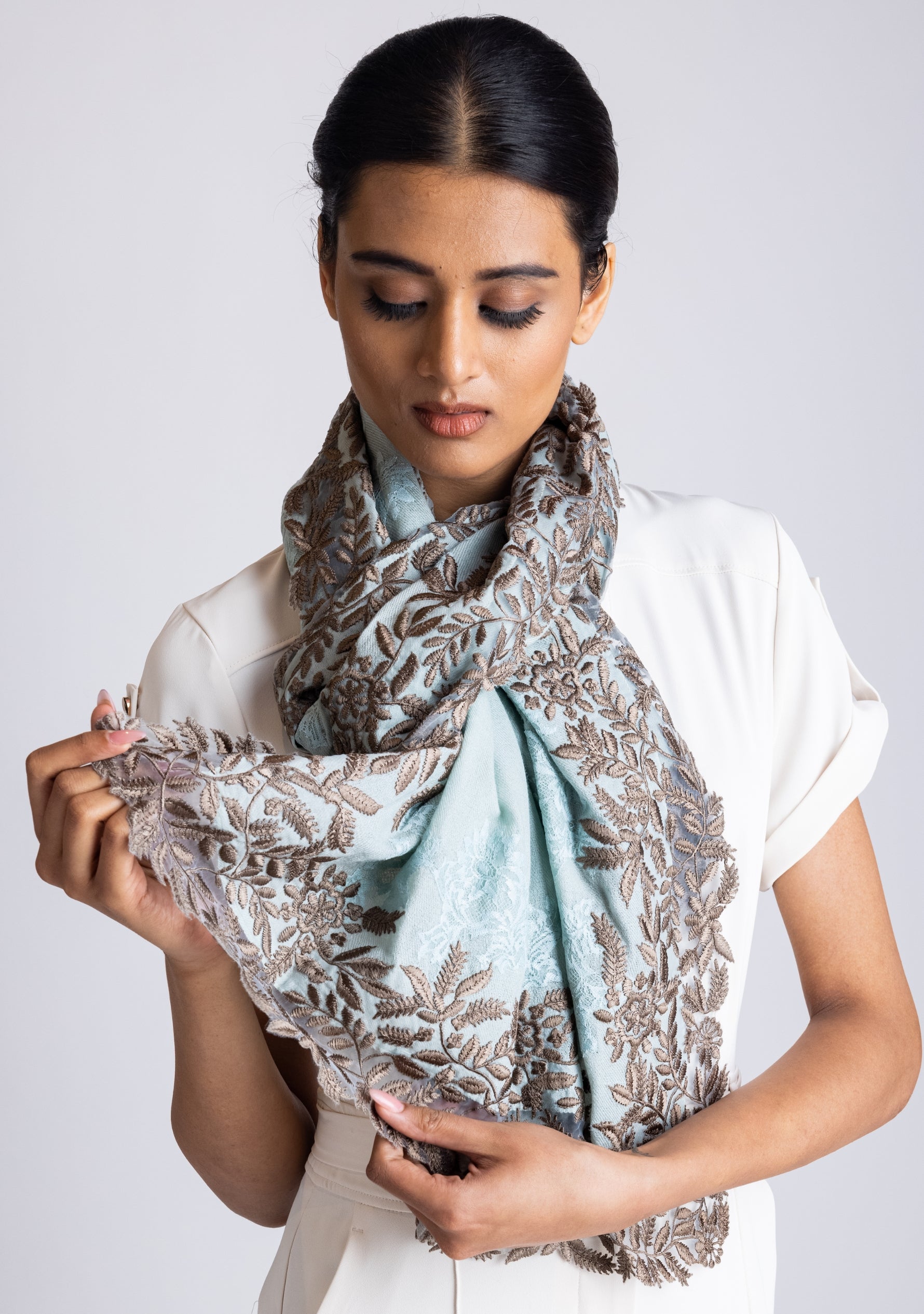 Pistachio Cashmere Scarf with a Taupe Leaf Embroidery Border and Pistachio Floral Lace Inset