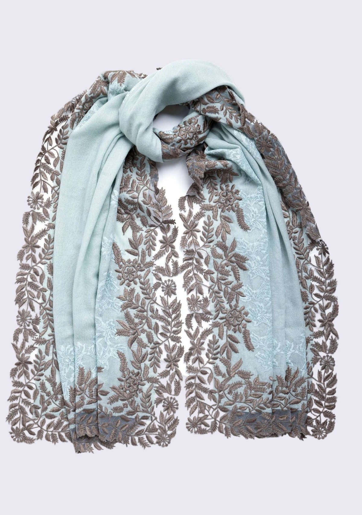 Pistachio Cashmere Scarf Taupe Embroidery & Pistachio Lace