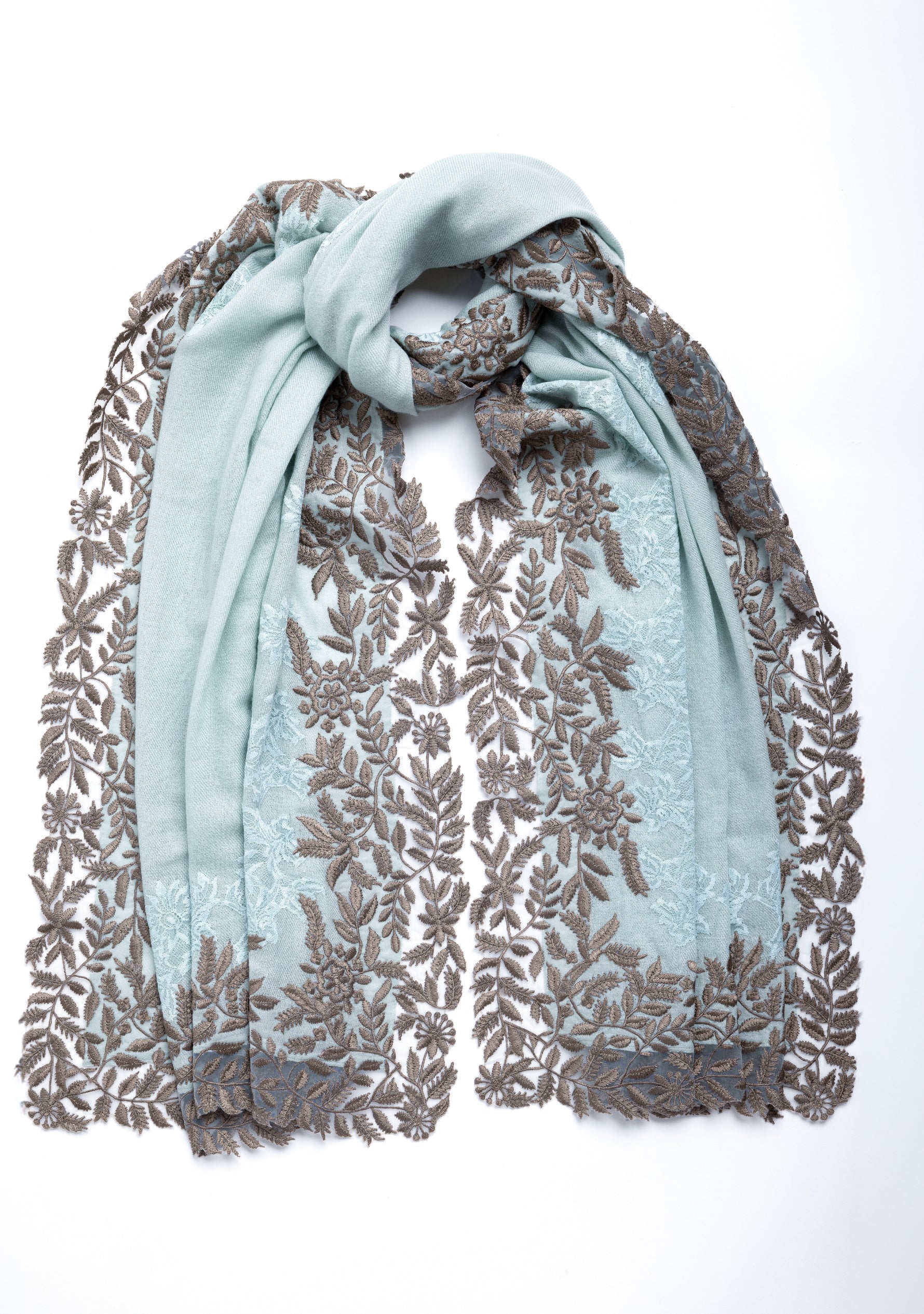 Pistachio Cashmere Scarf with a Taupe Leaf Embroidery Border and Pistachio Floral Lace Inset