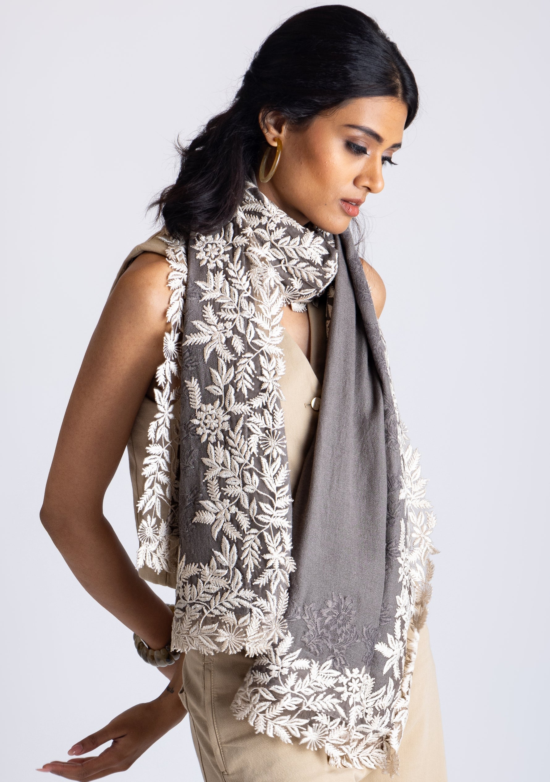 Mousse Cashmere Scarf with an Ivory Leaf Embroidery Border and Mousse Floral Lace Inset