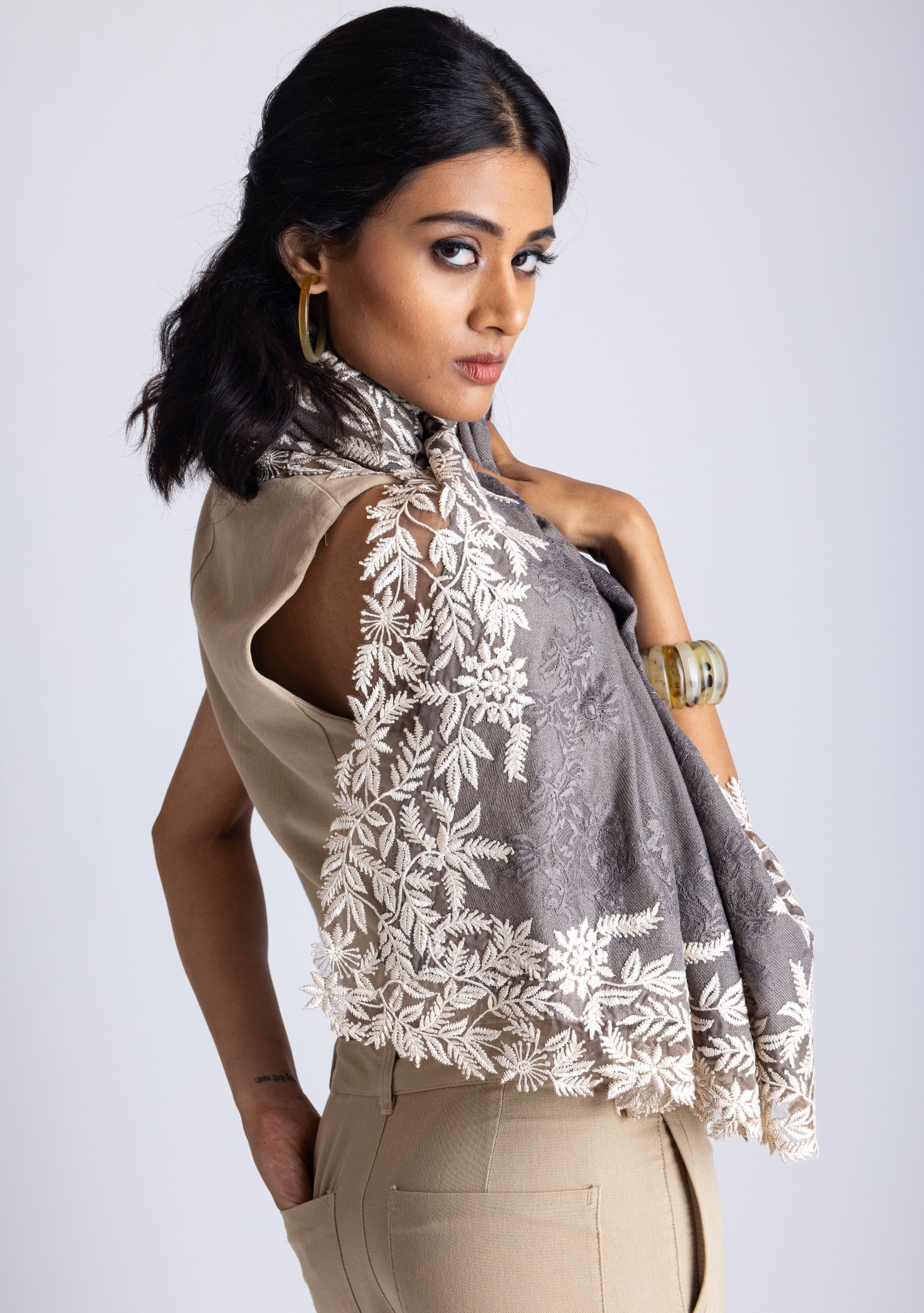 Mousse Cashmere Scarf with an Ivory Leaf Embroidery Border and Mousse Floral Lace Inset