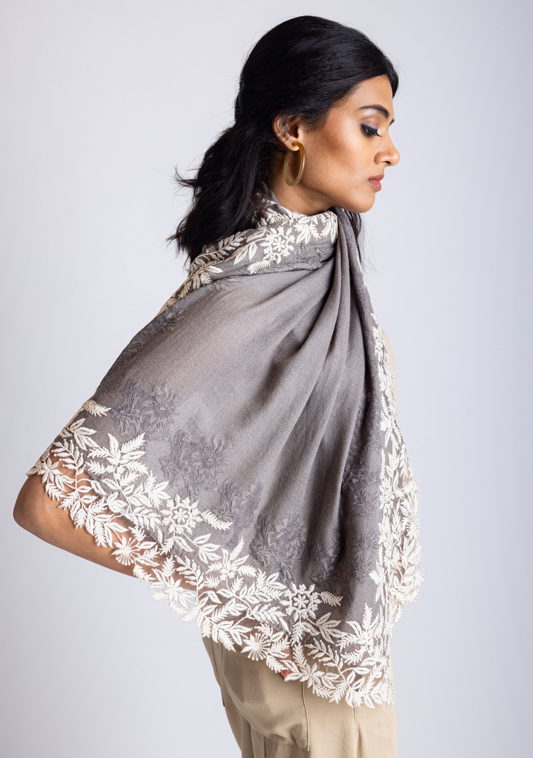 Mousse Cashmere Scarf with an Ivory Leaf Embroidery Border and Mousse Floral Lace Inset